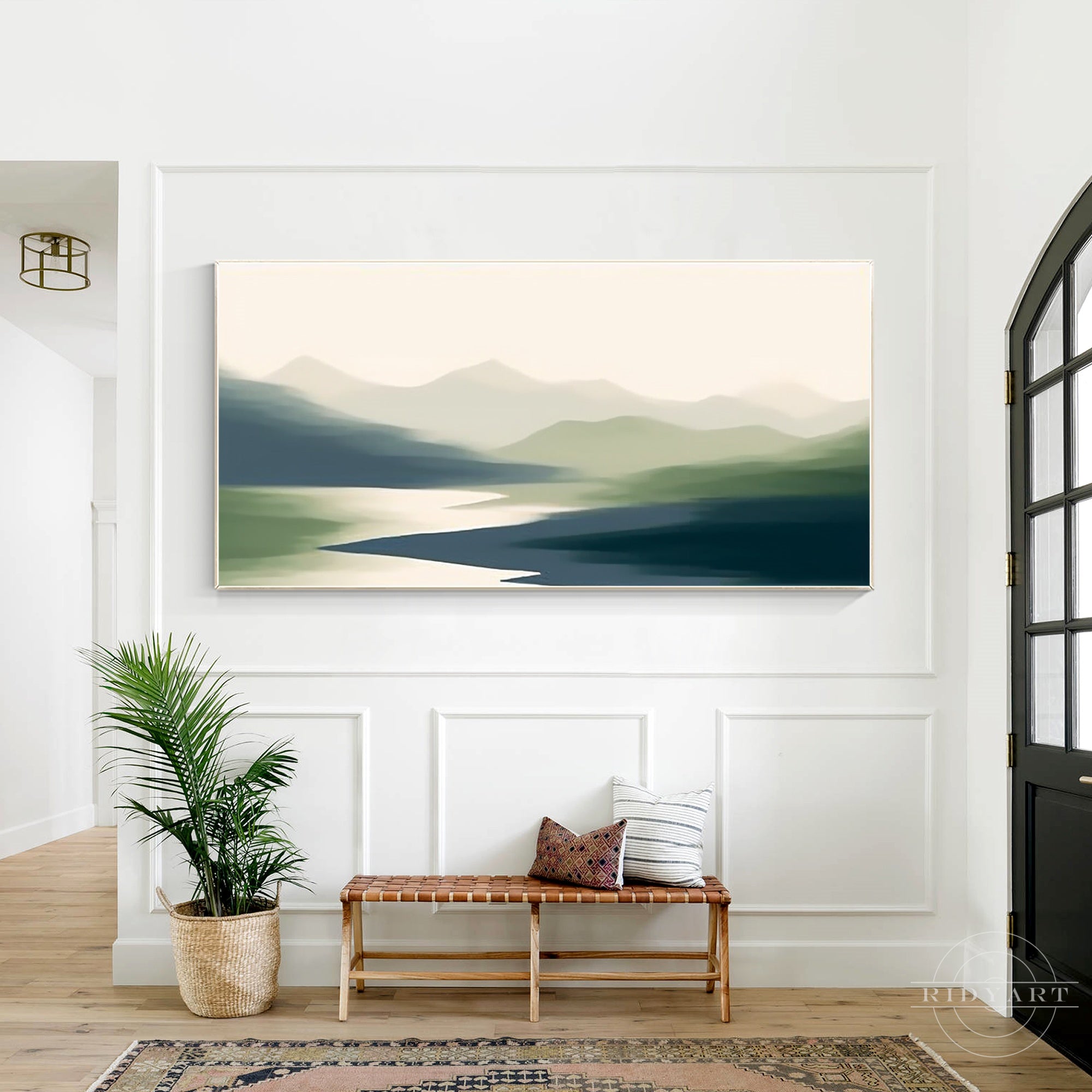 Gray green mountains abstract painting on canvas.