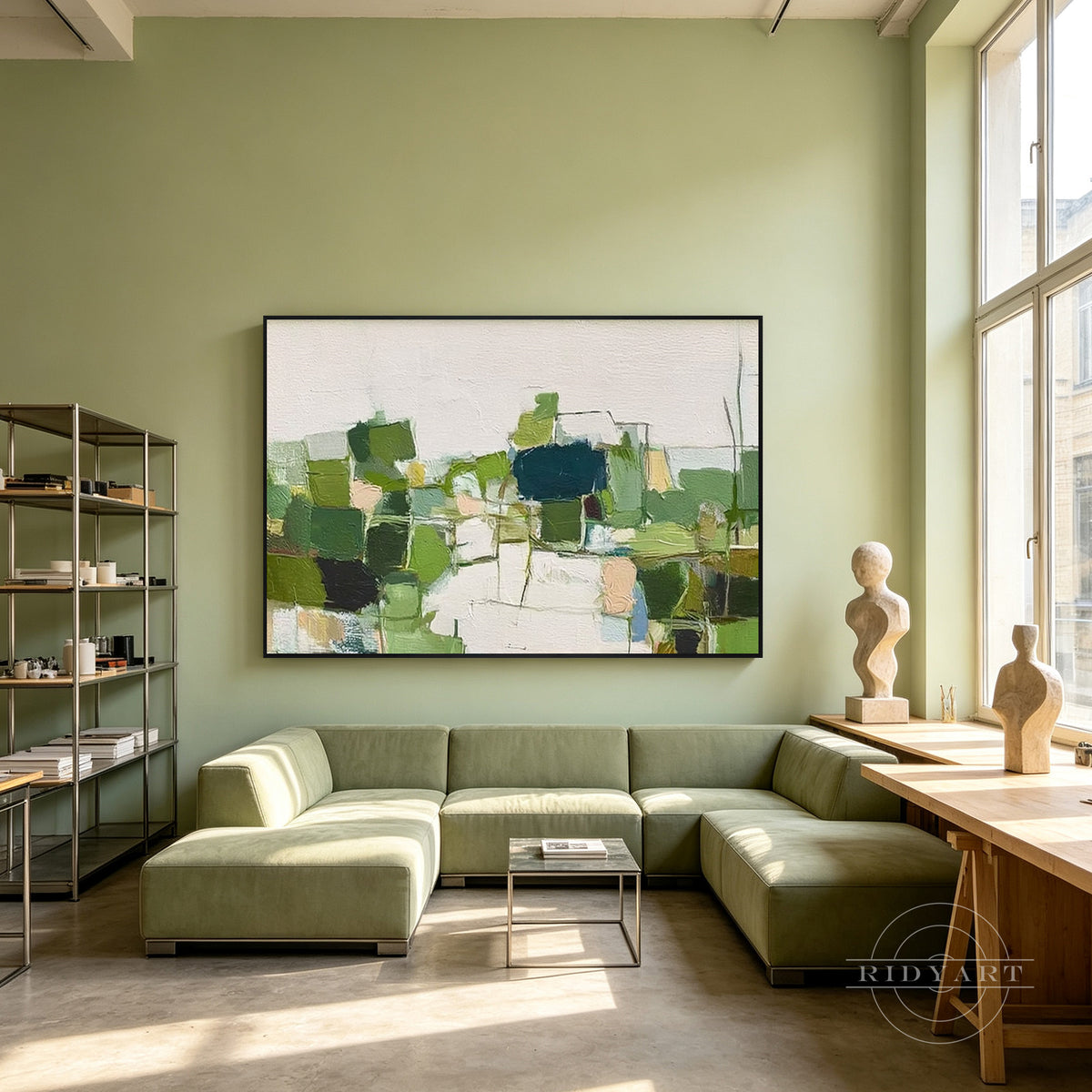 Sage Green Beige Framed Canvas, Layered Impasto Linework, Acrylic Oil Painting, Contemporary Minimalist