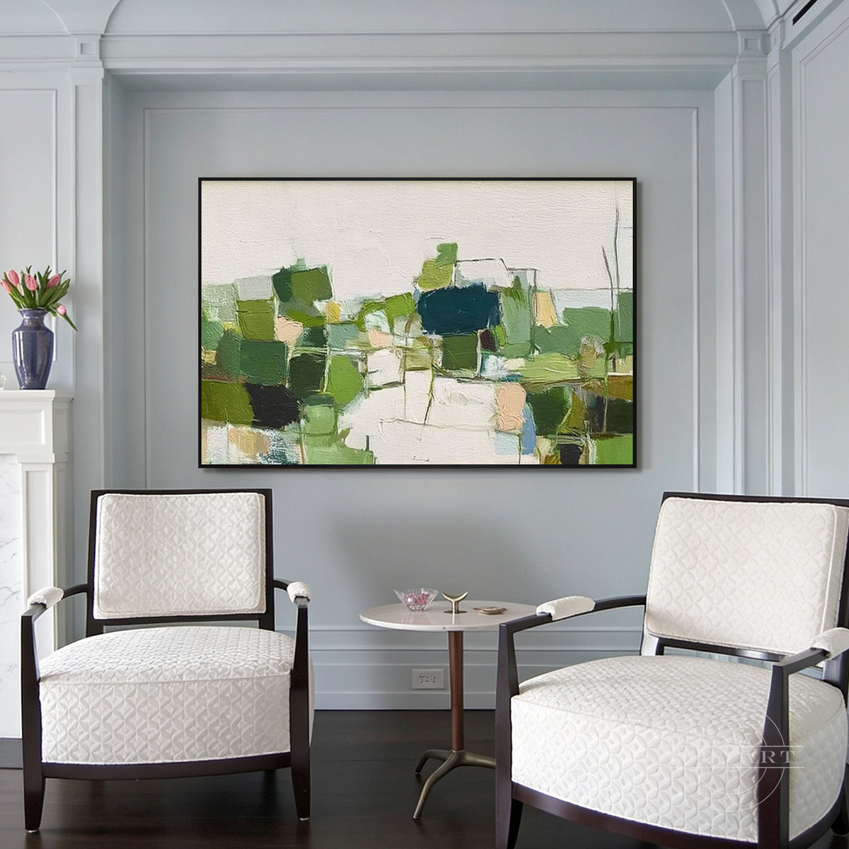 Emerald Green Cream Horizontal Painting, Bold Geometric Blocks, Hand Painted Framed Canvas, Mid-Century Modern, Home Office Conference Wall