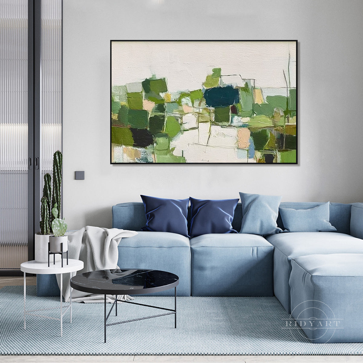 Soft Green Navy Canvas Art, Textured Dynamic Color Patchwork, Hand Painted Framed Oil, Contemporary Boho, Apartment Living Room Sofa Wall