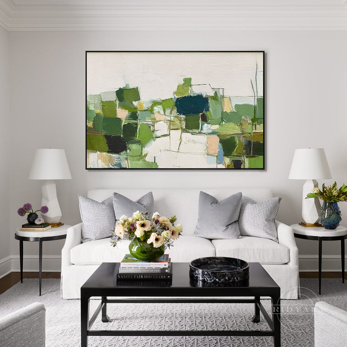 Earthy Green Beige Framed Art, Layered Patchwork Charcoal Details, Hand Painted Oil Linen, Nordic Minimalist