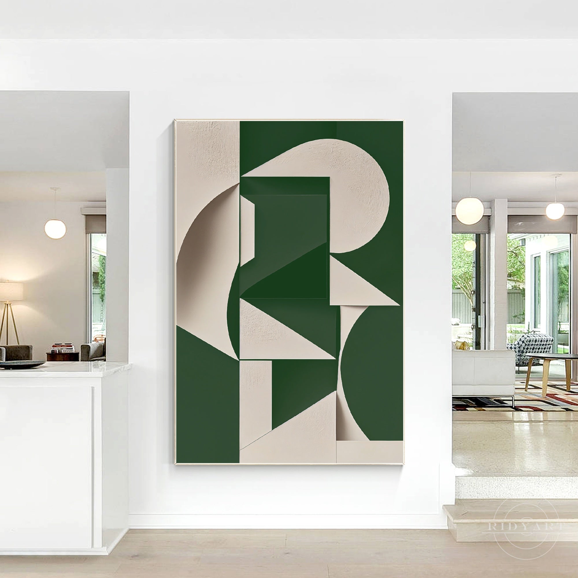 Green and beige abstract canvas painting
