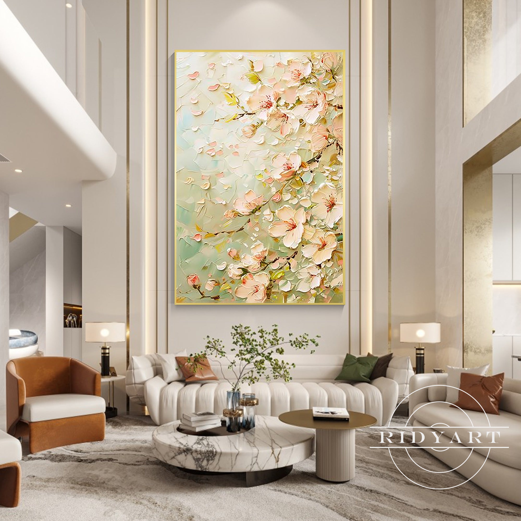 Hand-painted textured flower artwork for living room decor