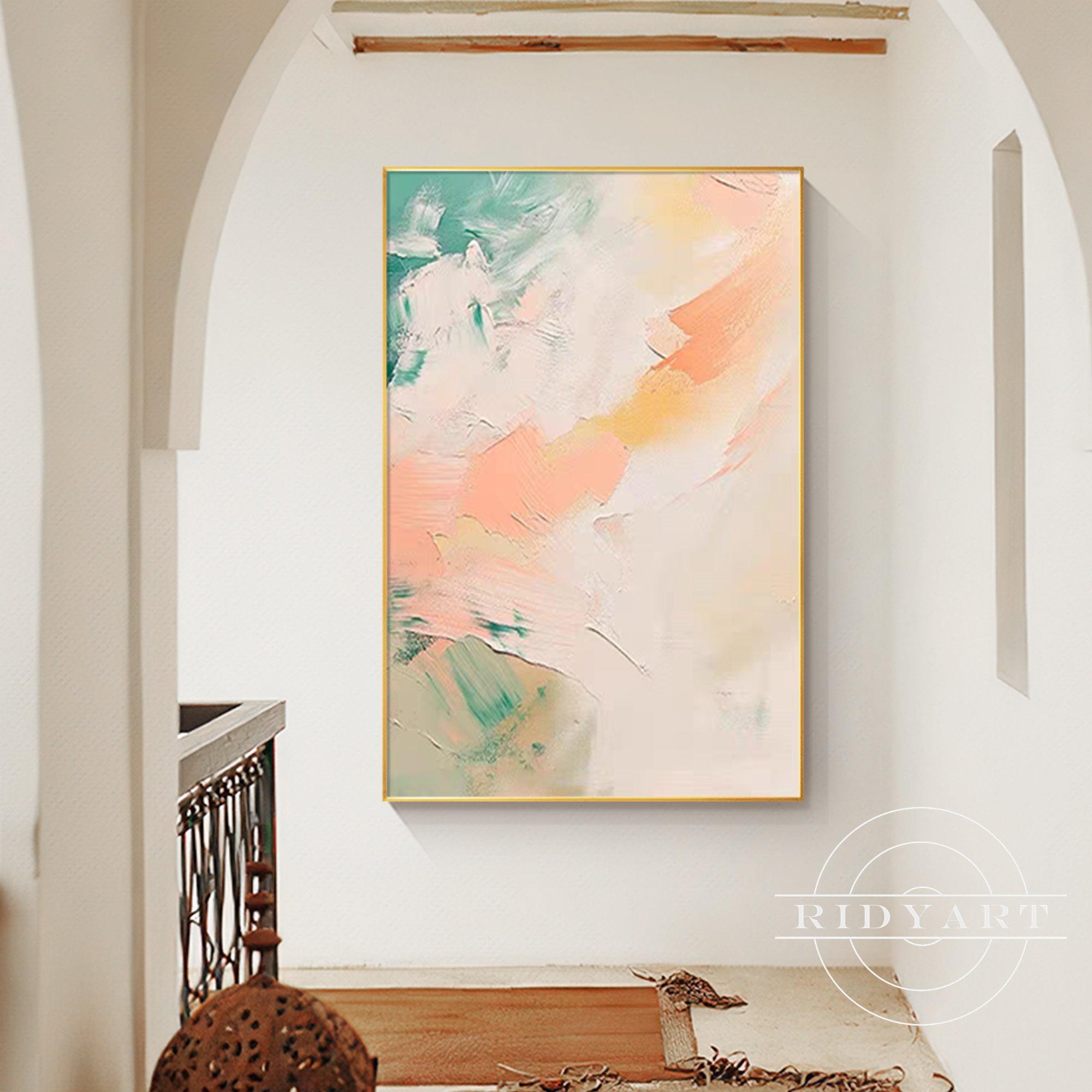Abstract green, pink, and beige canvas paintings in extra-large size.