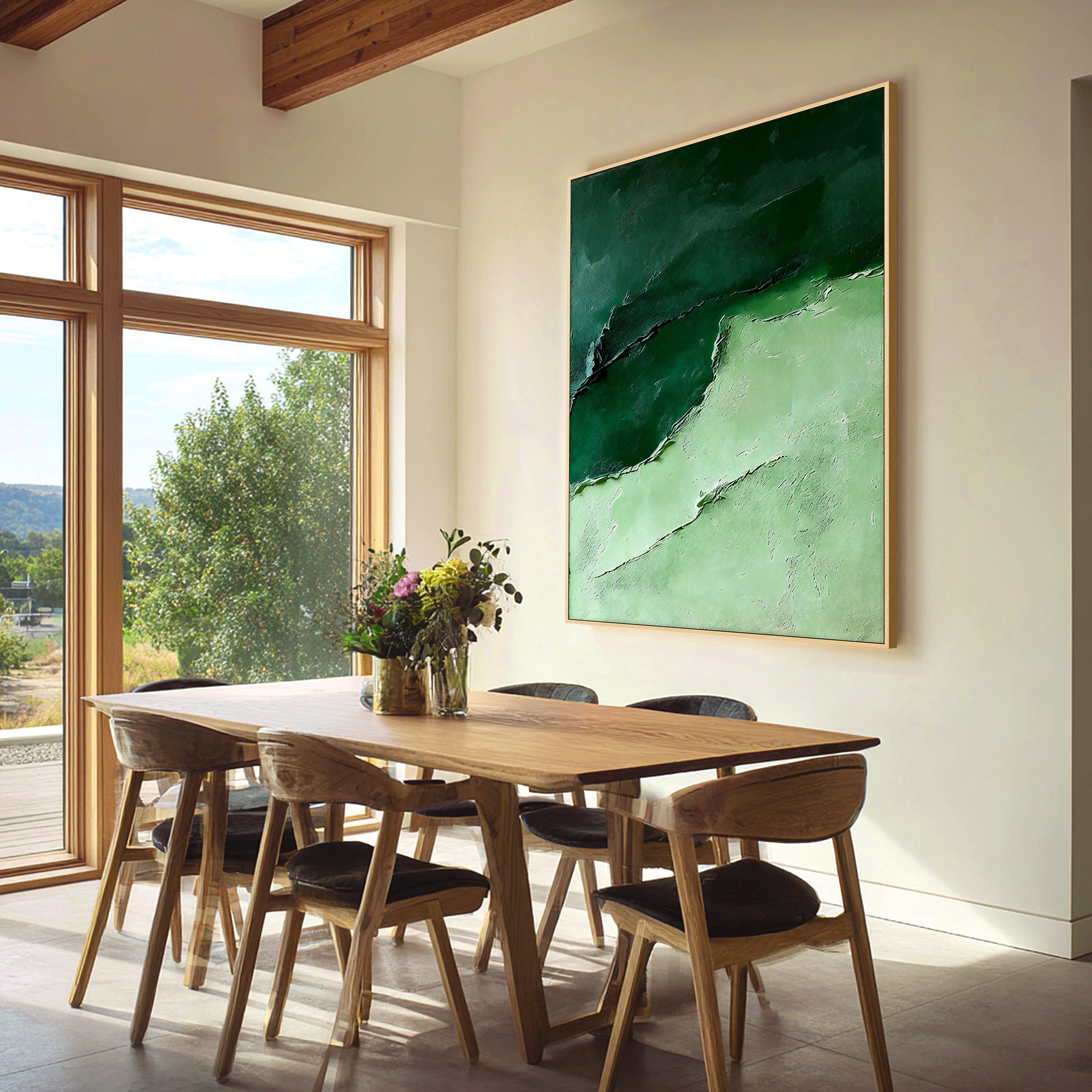 Textured green canvas painting in contemporary dining room