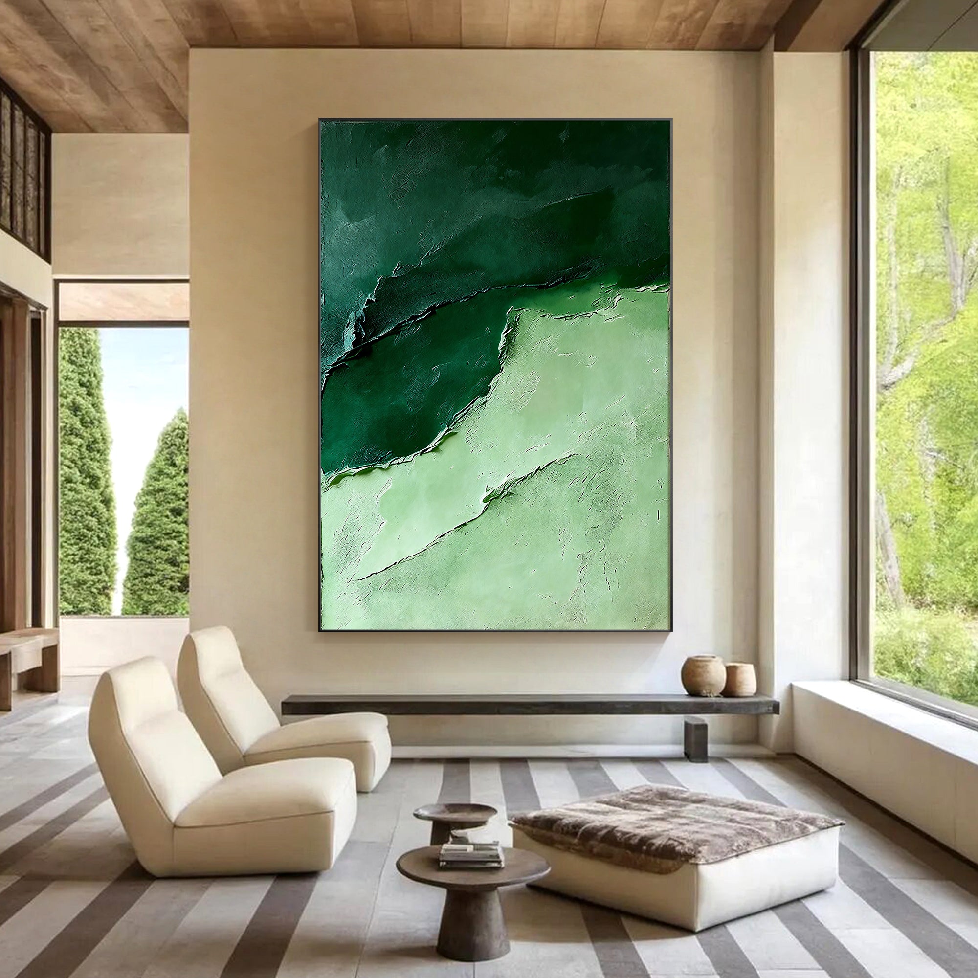 Green textured abstract wall art in modern living room setting