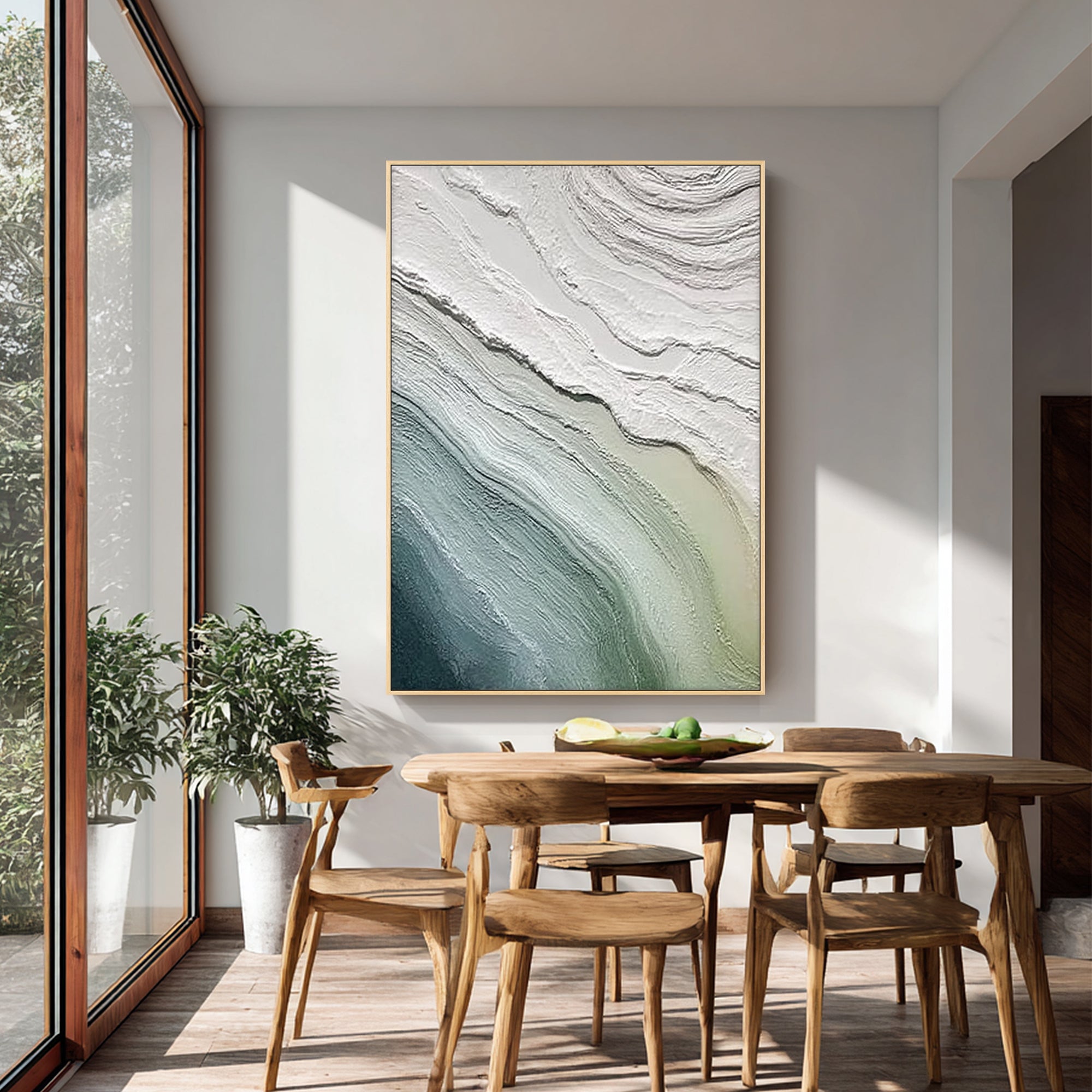 textured minimalist ocean painting in dining wall decor