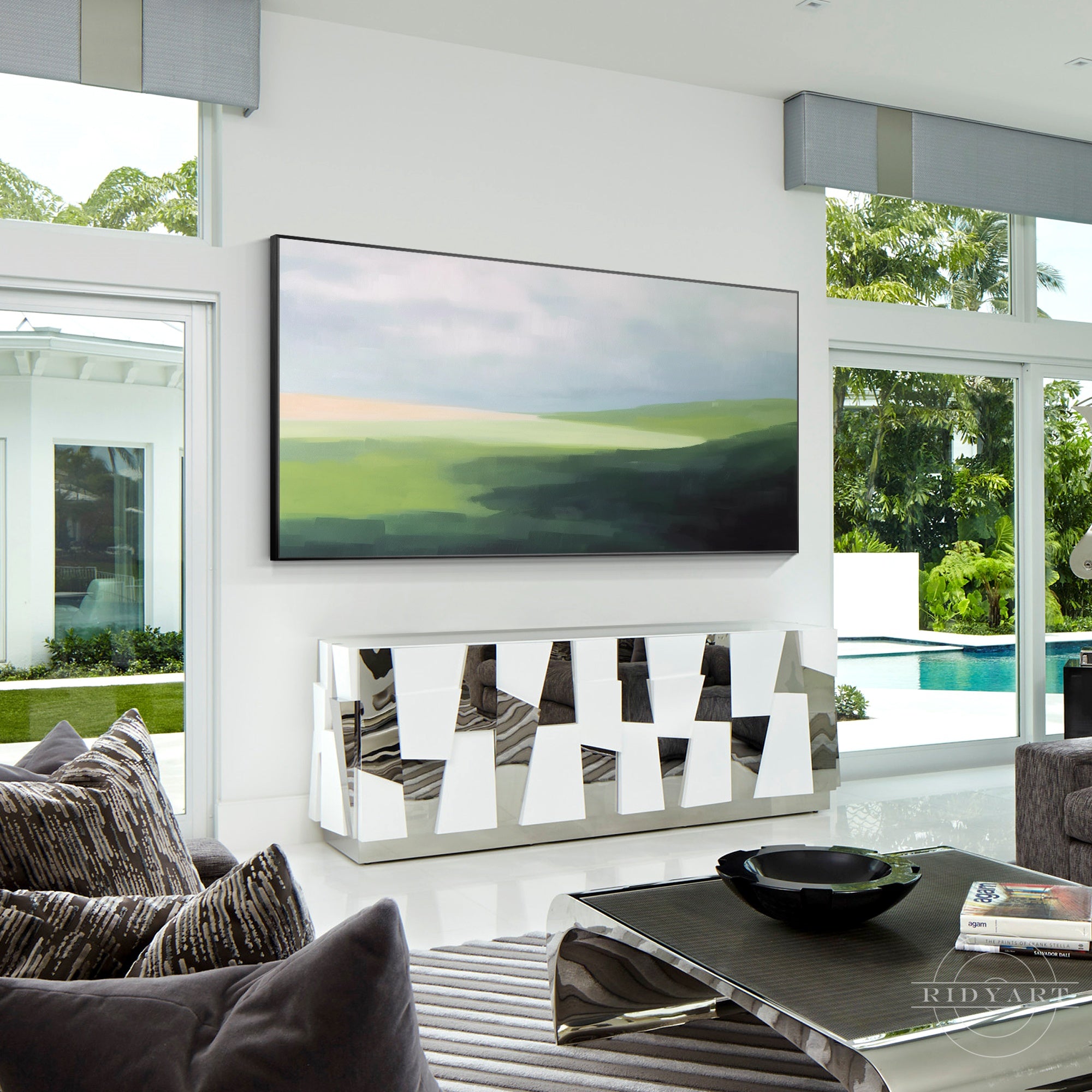 Green mountain hills landscape painting on canvas.