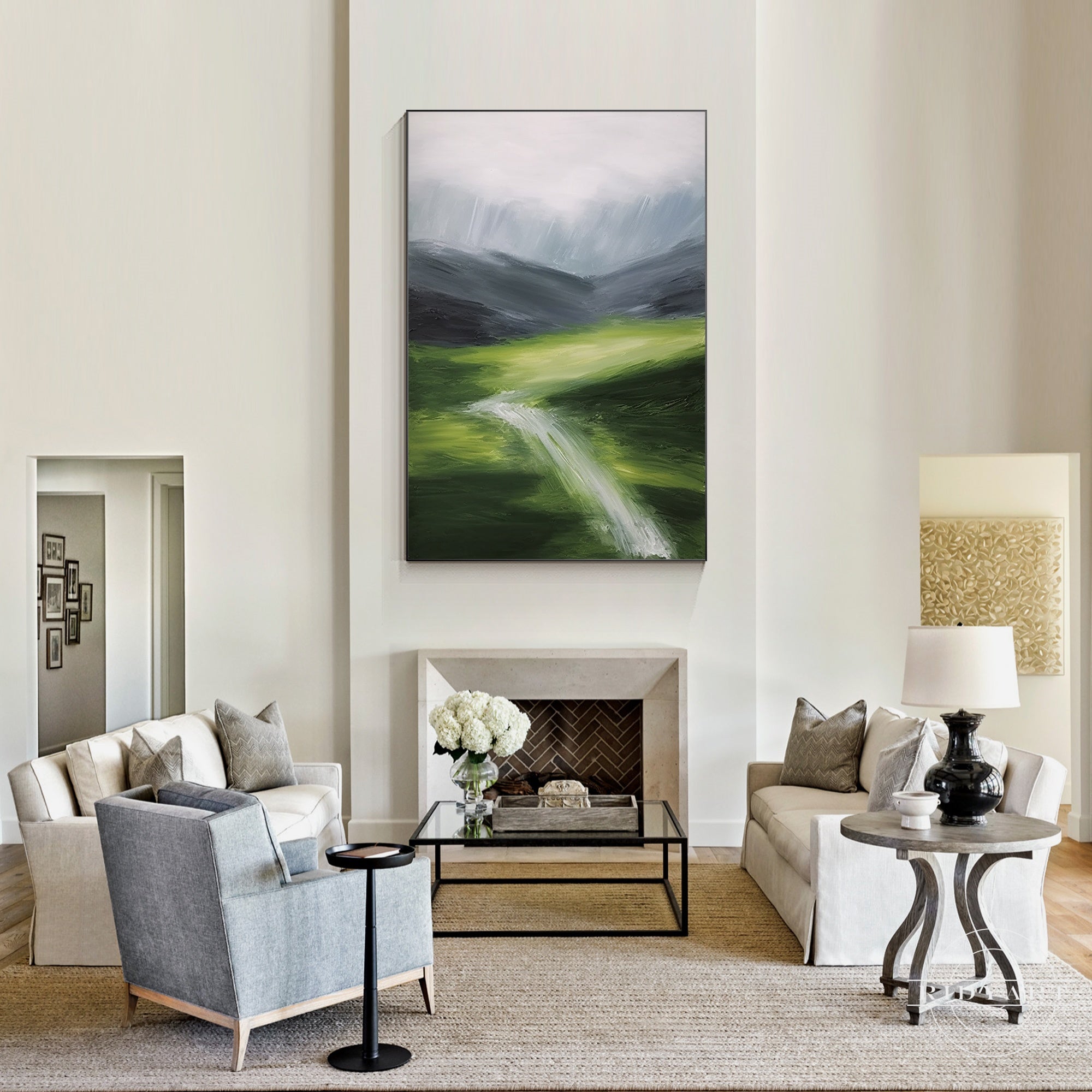 Green textured mountain river wall art on canvas.