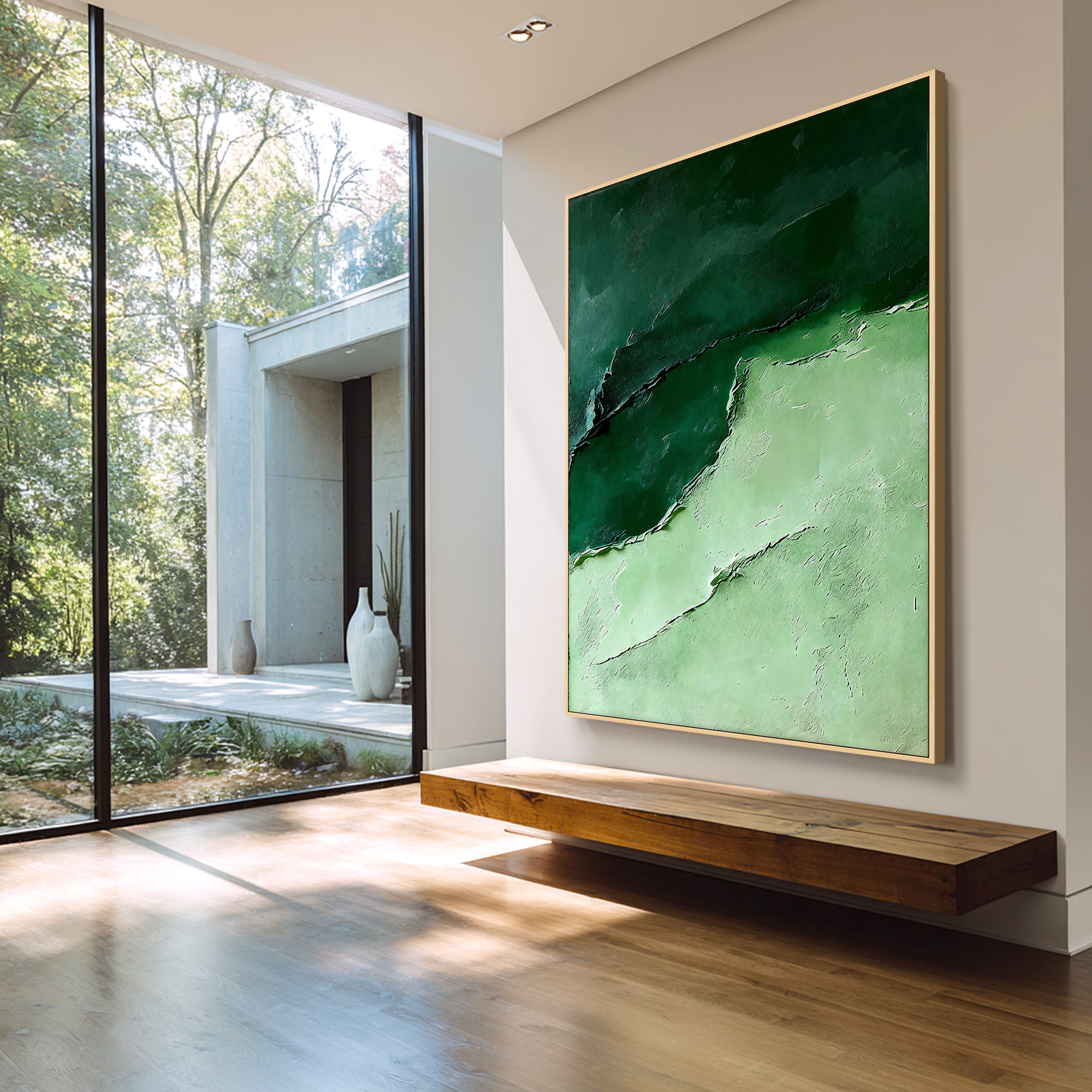 Green abstract wall art in modern hallway decor