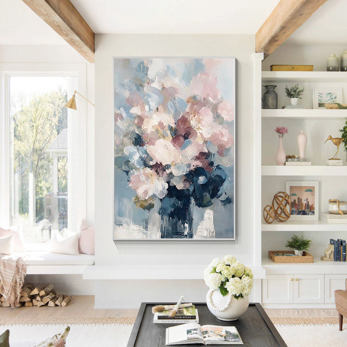 Large vertical canvas art with pastel pink floral motifs, perfect as a housewarming gift.