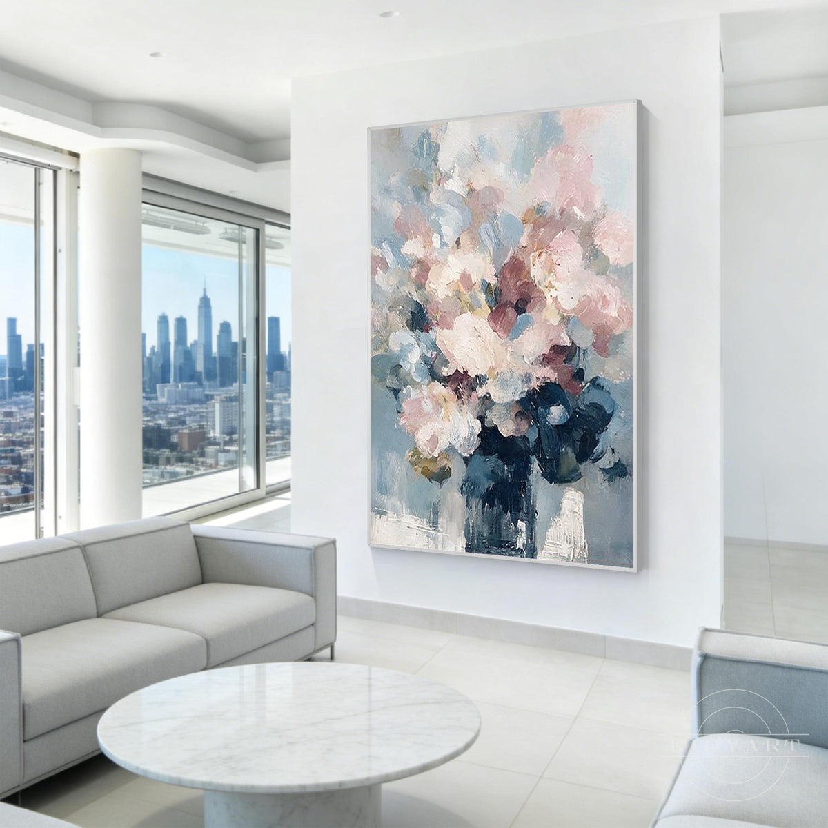 Modern romantic floral canvas painting hanging in a bright contemporary living space.