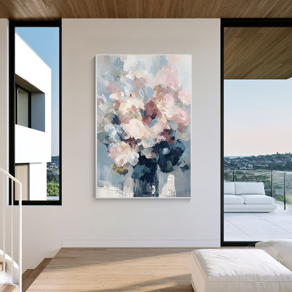 Close-up detail of original heavy texture floral artwork showing pink, blush, and blue brushstrokes.