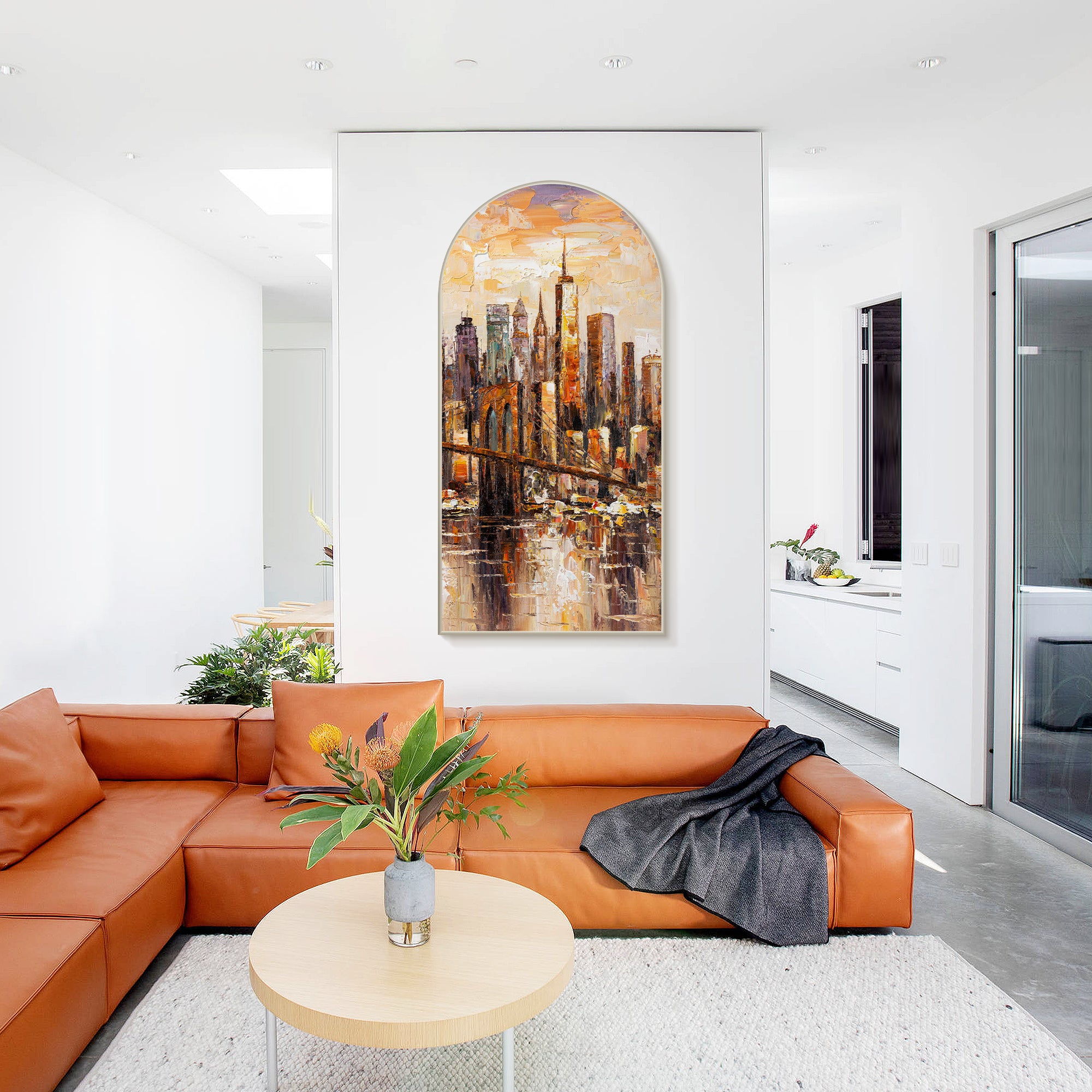 Urban skyline wall art featuring Brooklyn Bridge in brown
