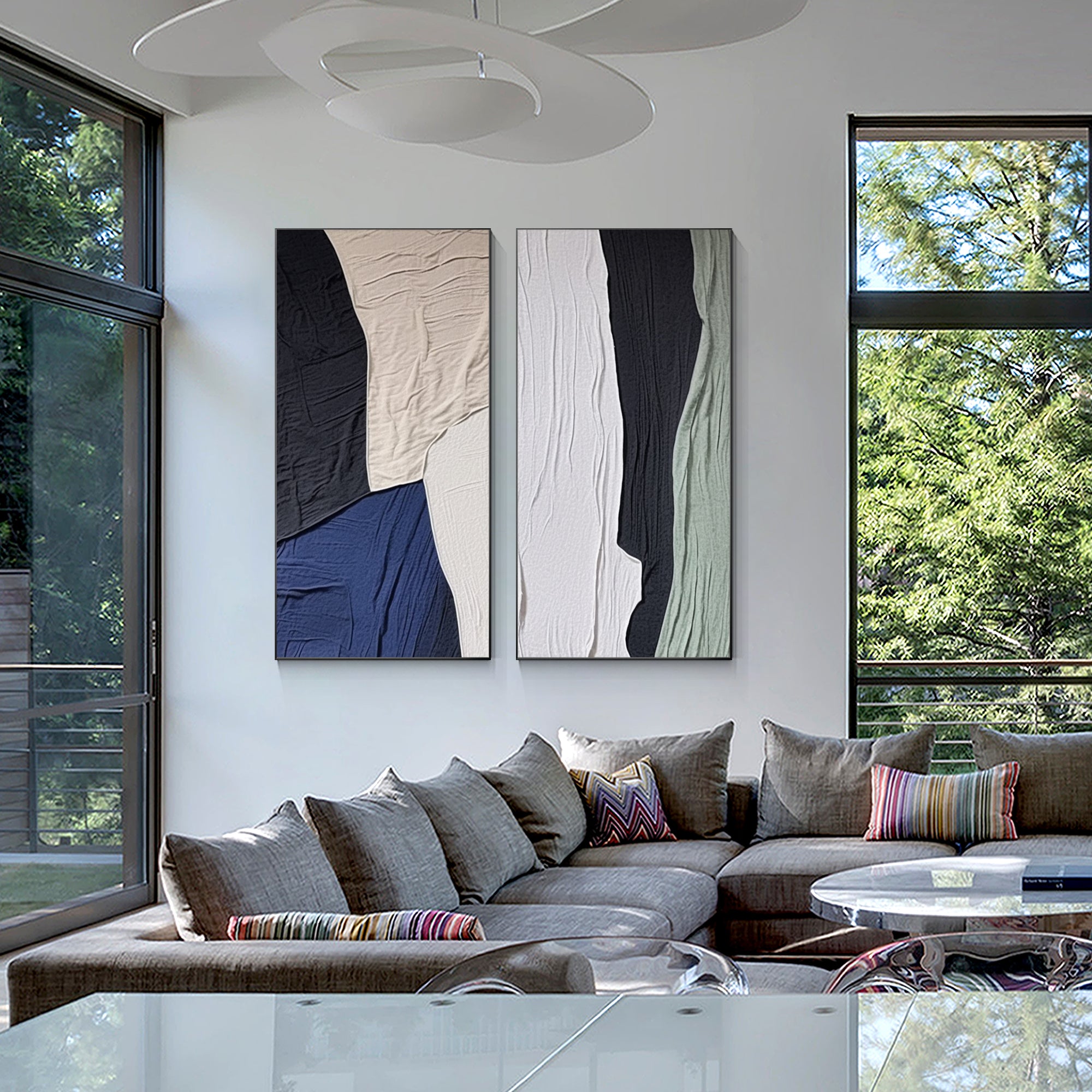 Dark blue green abstract plaster painting set