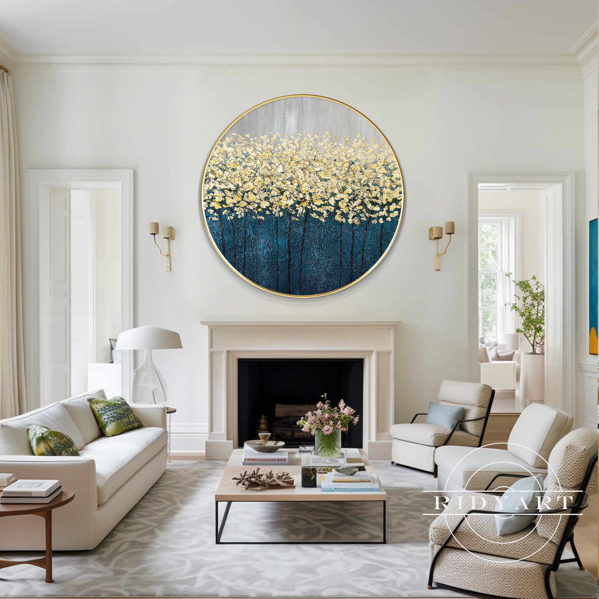 Round framed abstract tree painting ready to hang