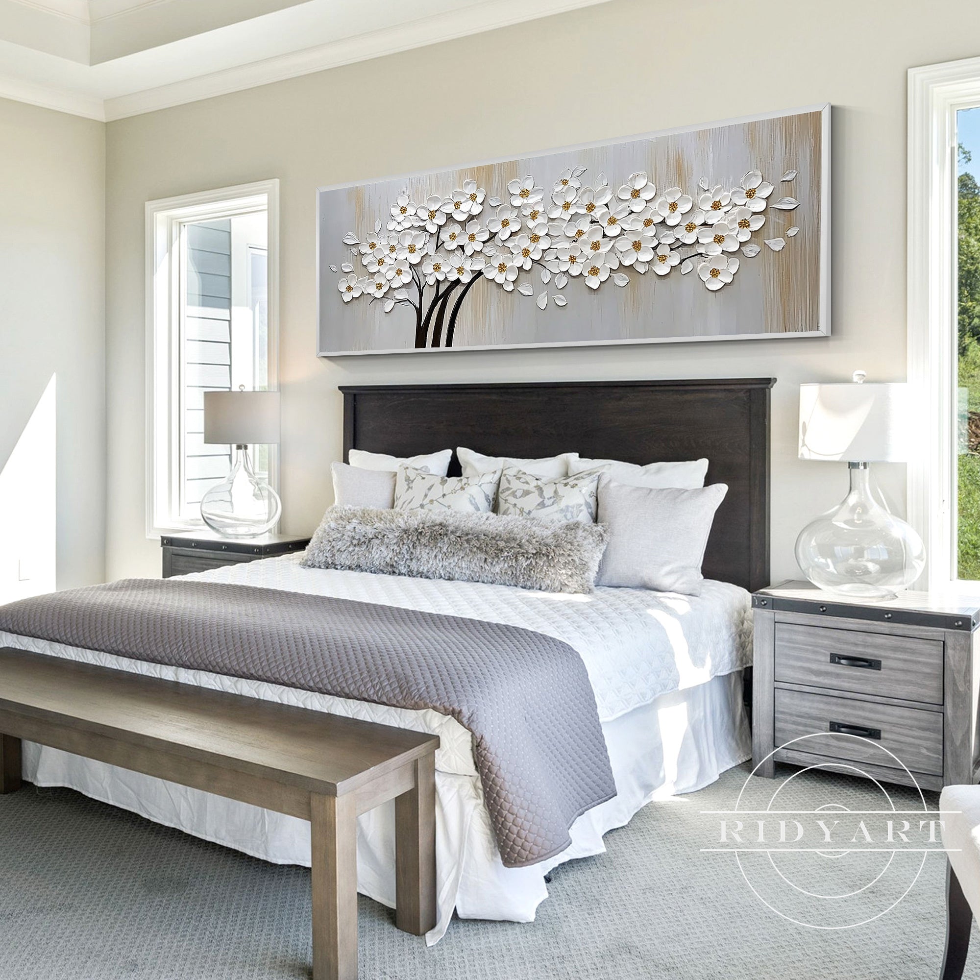 Hand-painted floral tree canvas with gold accents