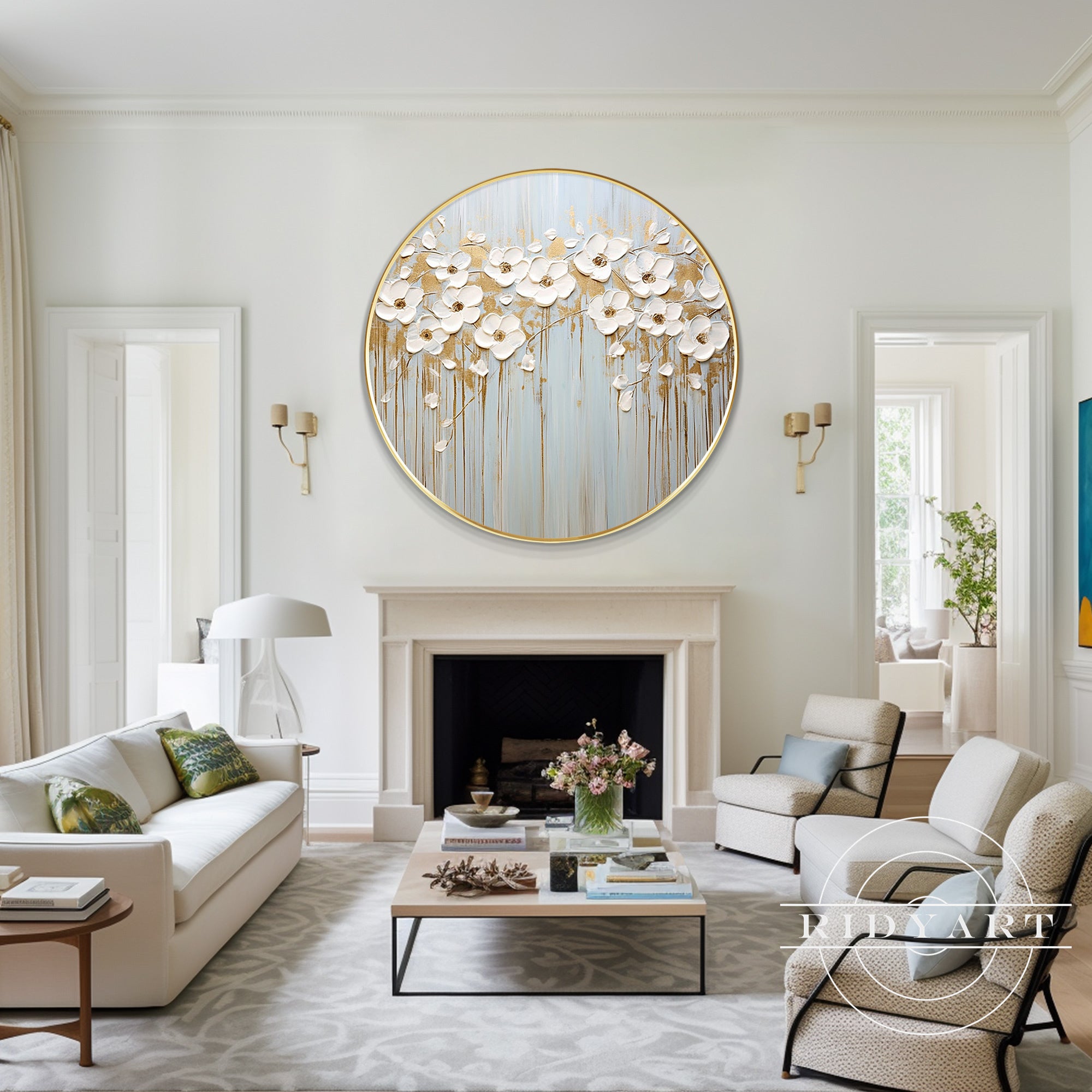 Elegant round flower artwork with gold accents
