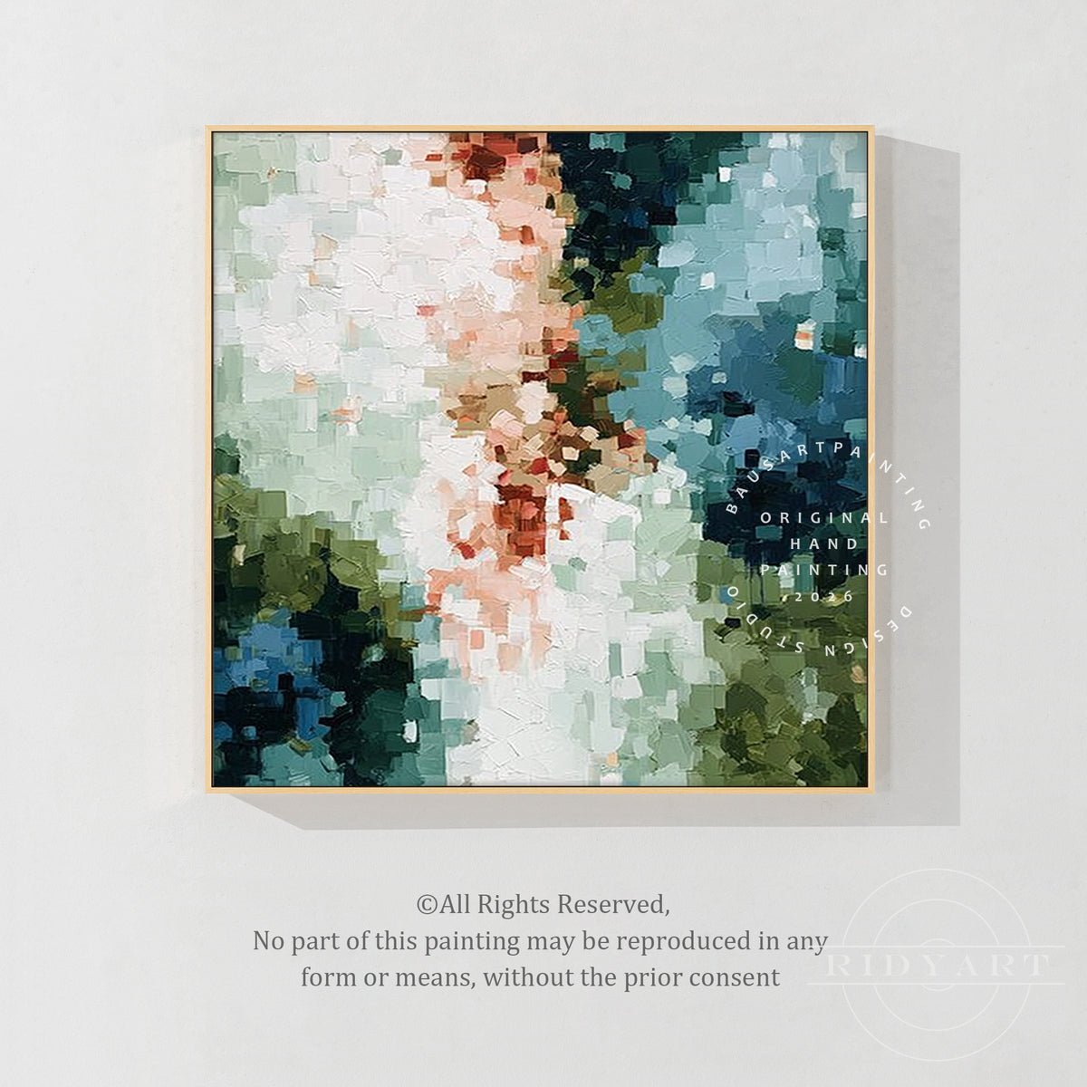 Original hand painted sage green teal abstract artwork shown up close with expressive knife strokes.