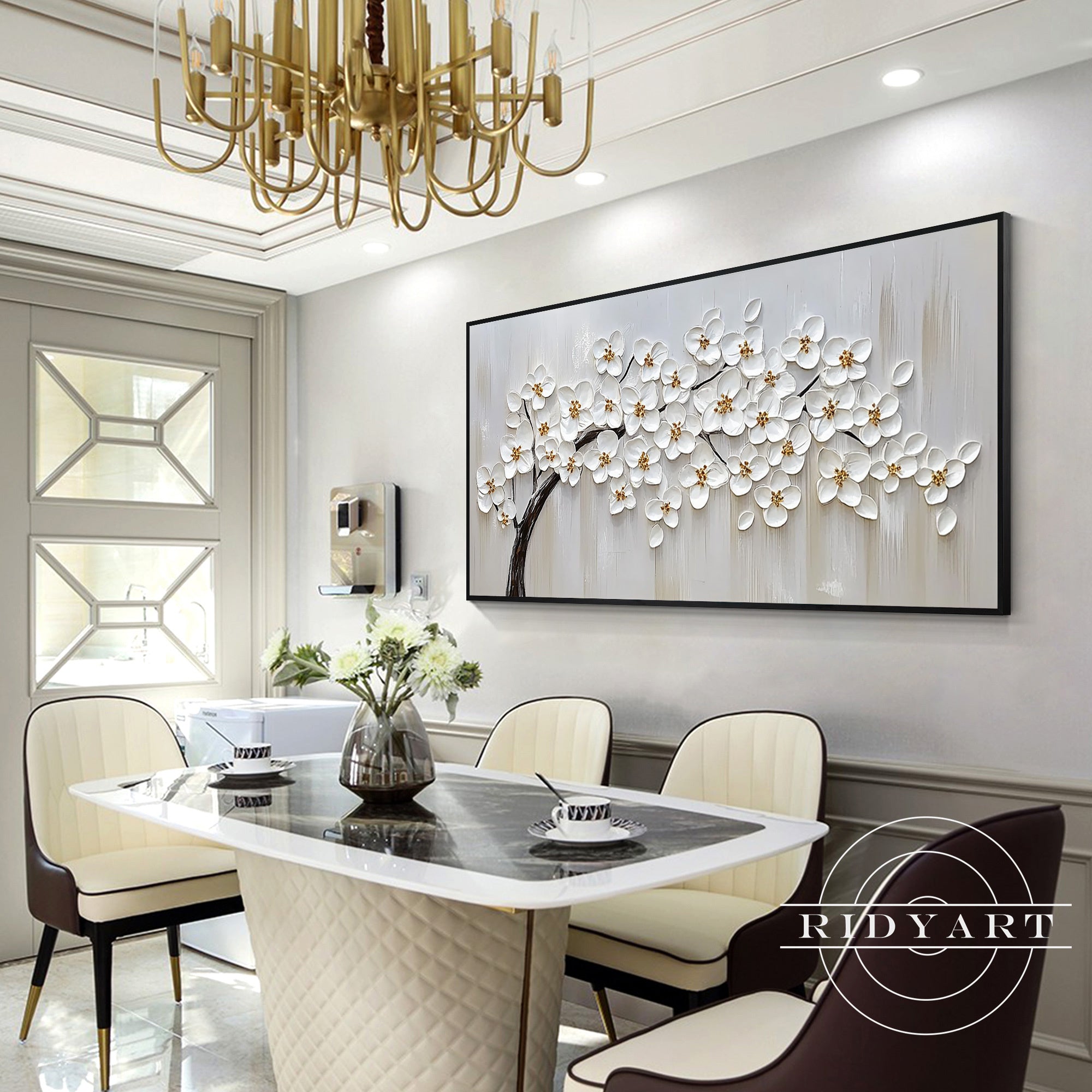 White floral artwork for contemporary living room decor