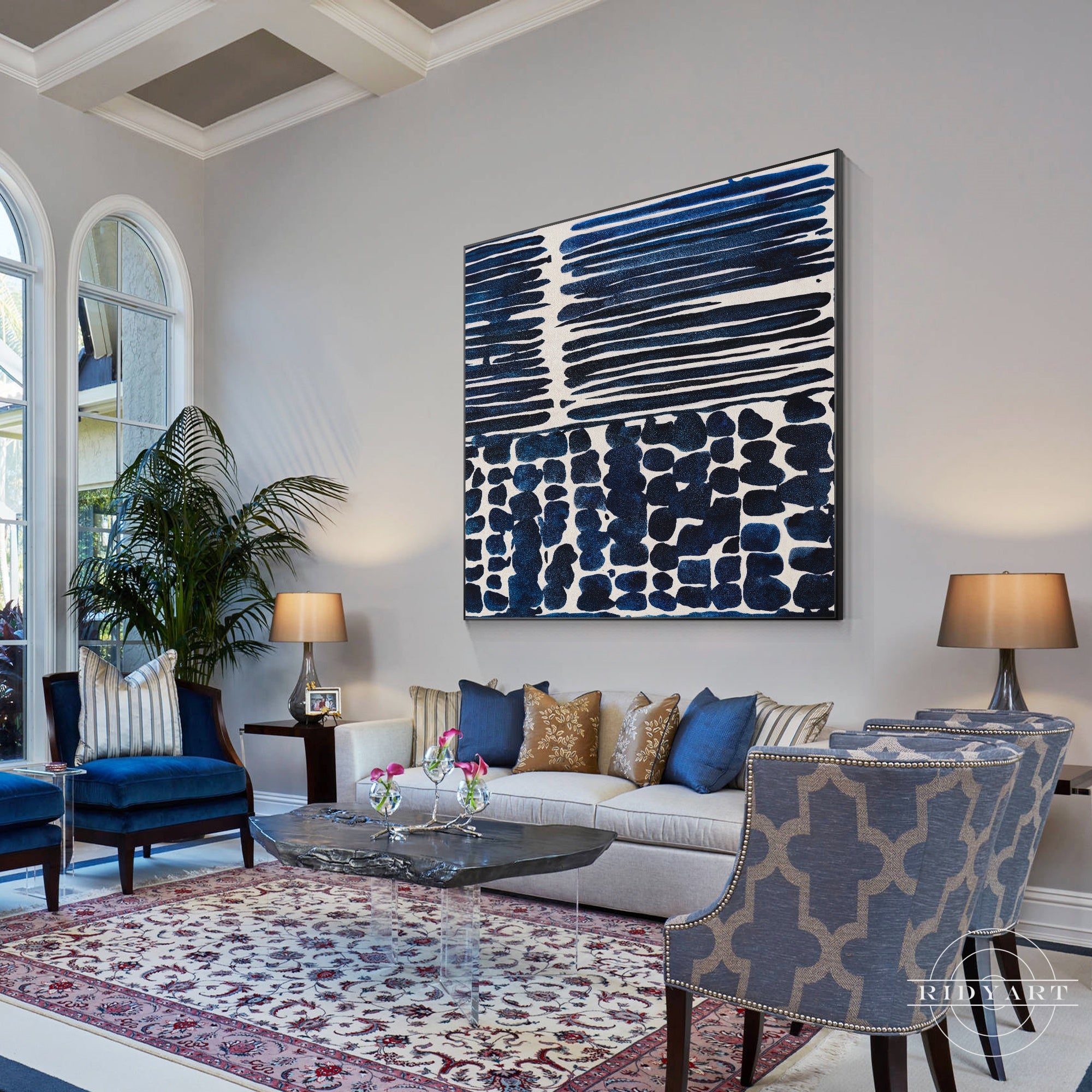 Navy blue textured abstract painting on canvas, framed wall art.