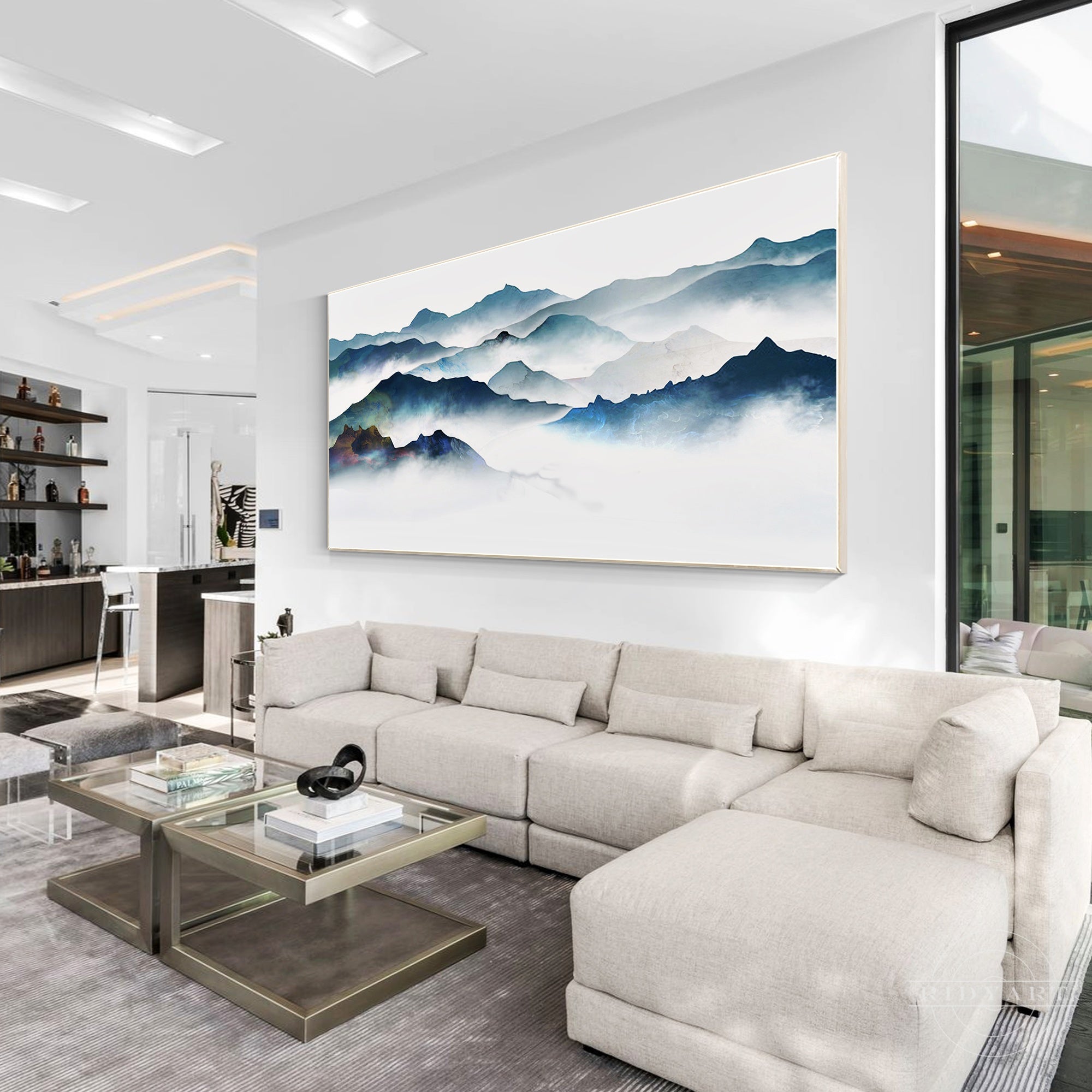 Watercolor foggy mountain landscape painting on canvas.