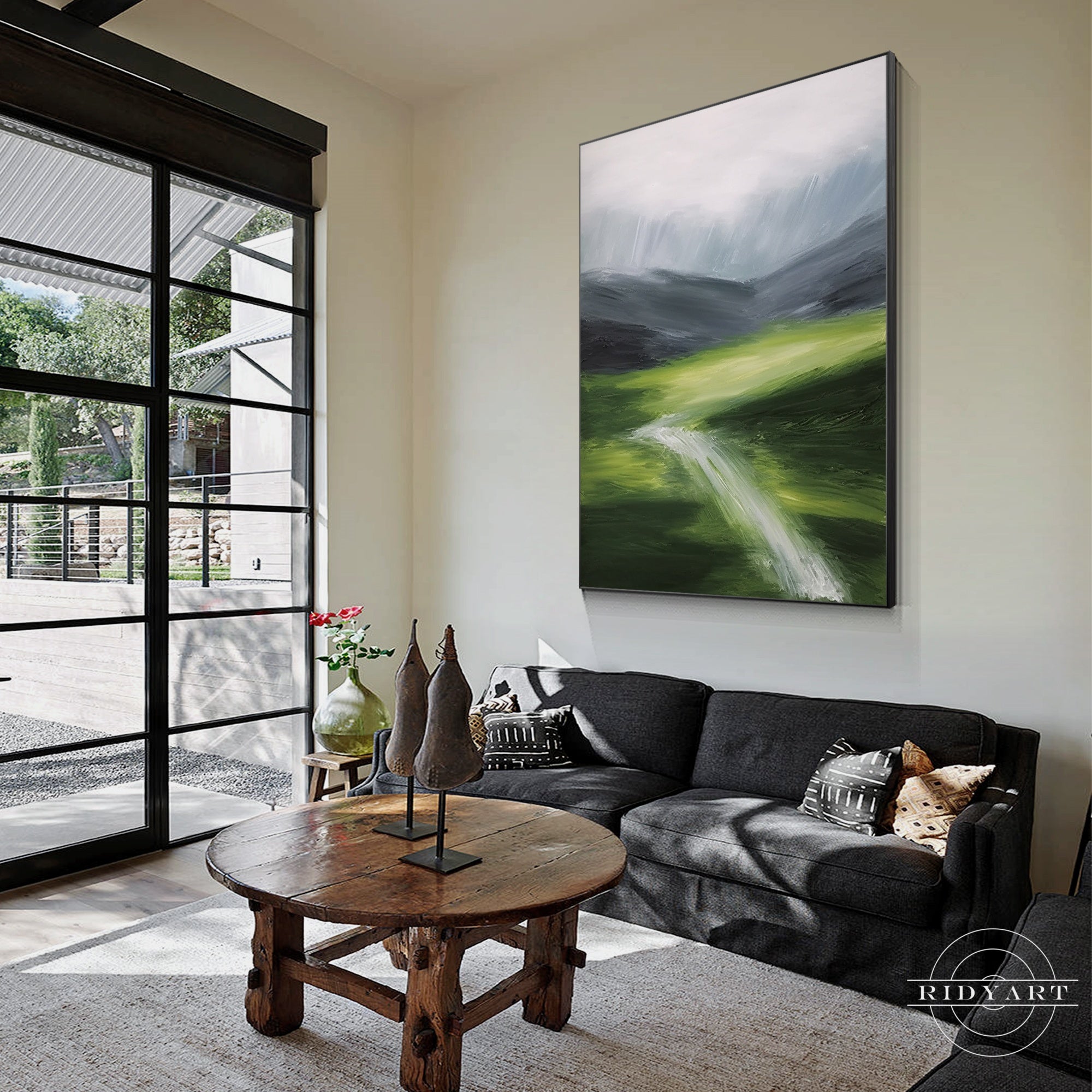 Green textured mountain river wall art on canvas.