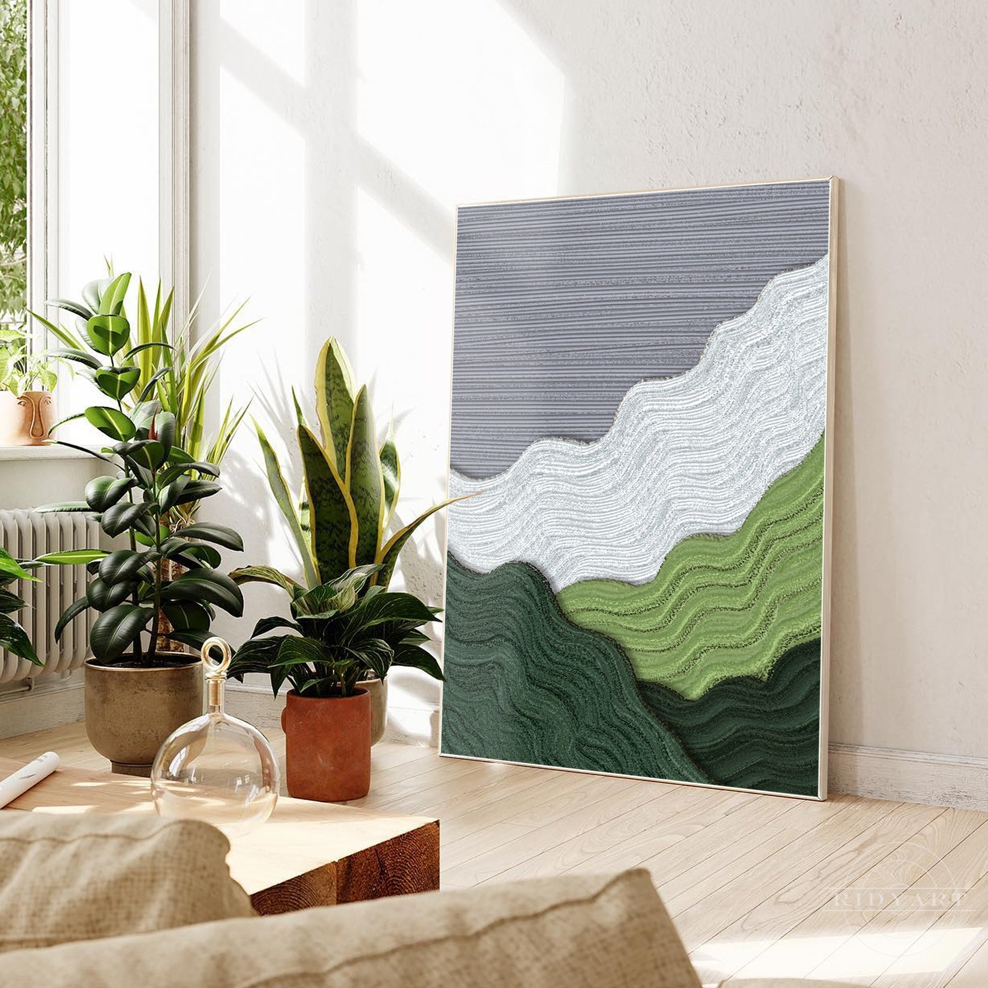 Textured mountain wall art, abstract green and gray painting.