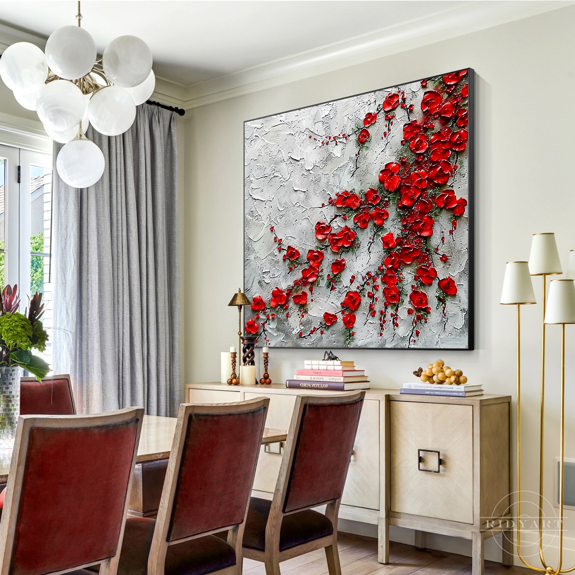 Red wildflowers painting with thick textured brushstrokes.