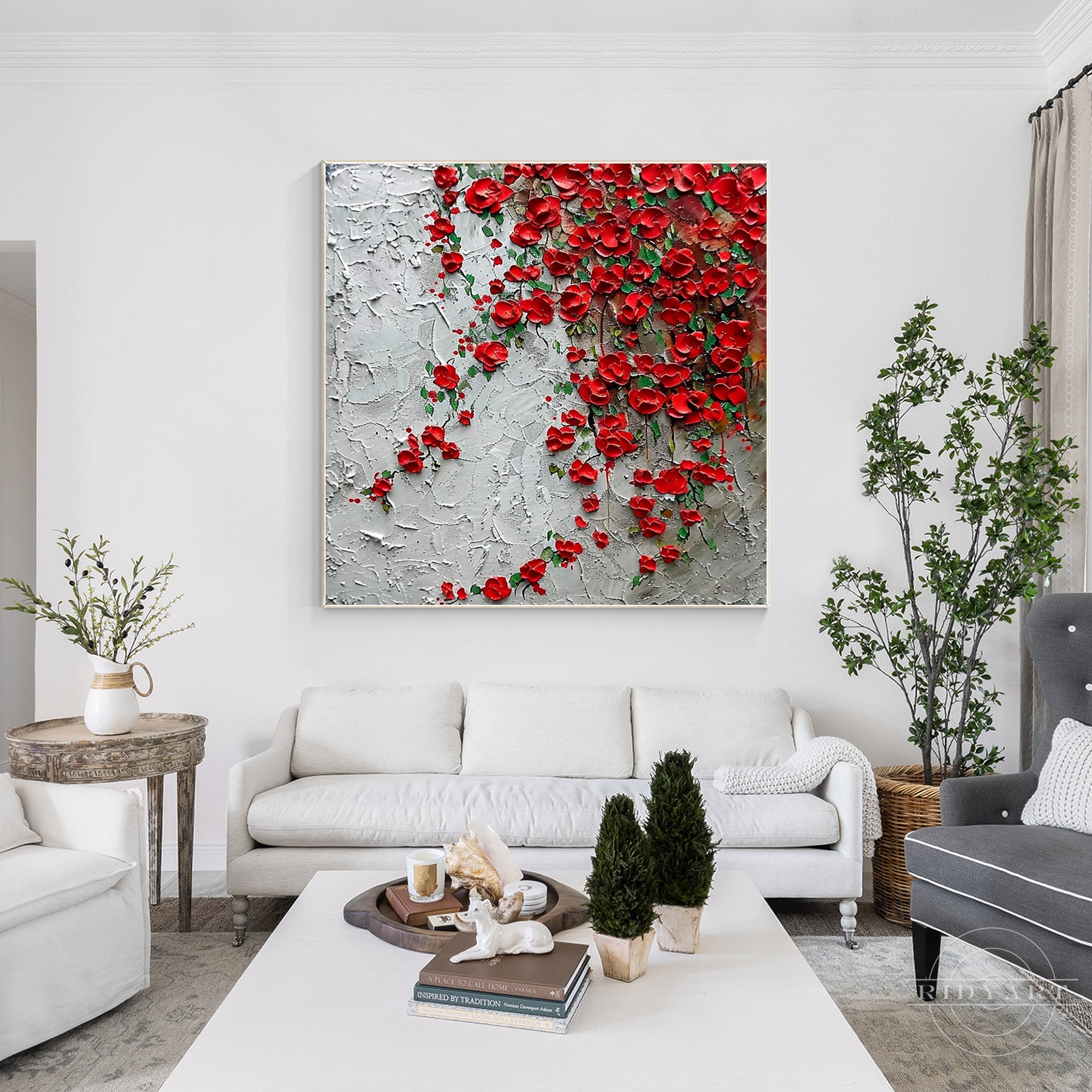 Red wildflowers 3D textured painting on canvas.