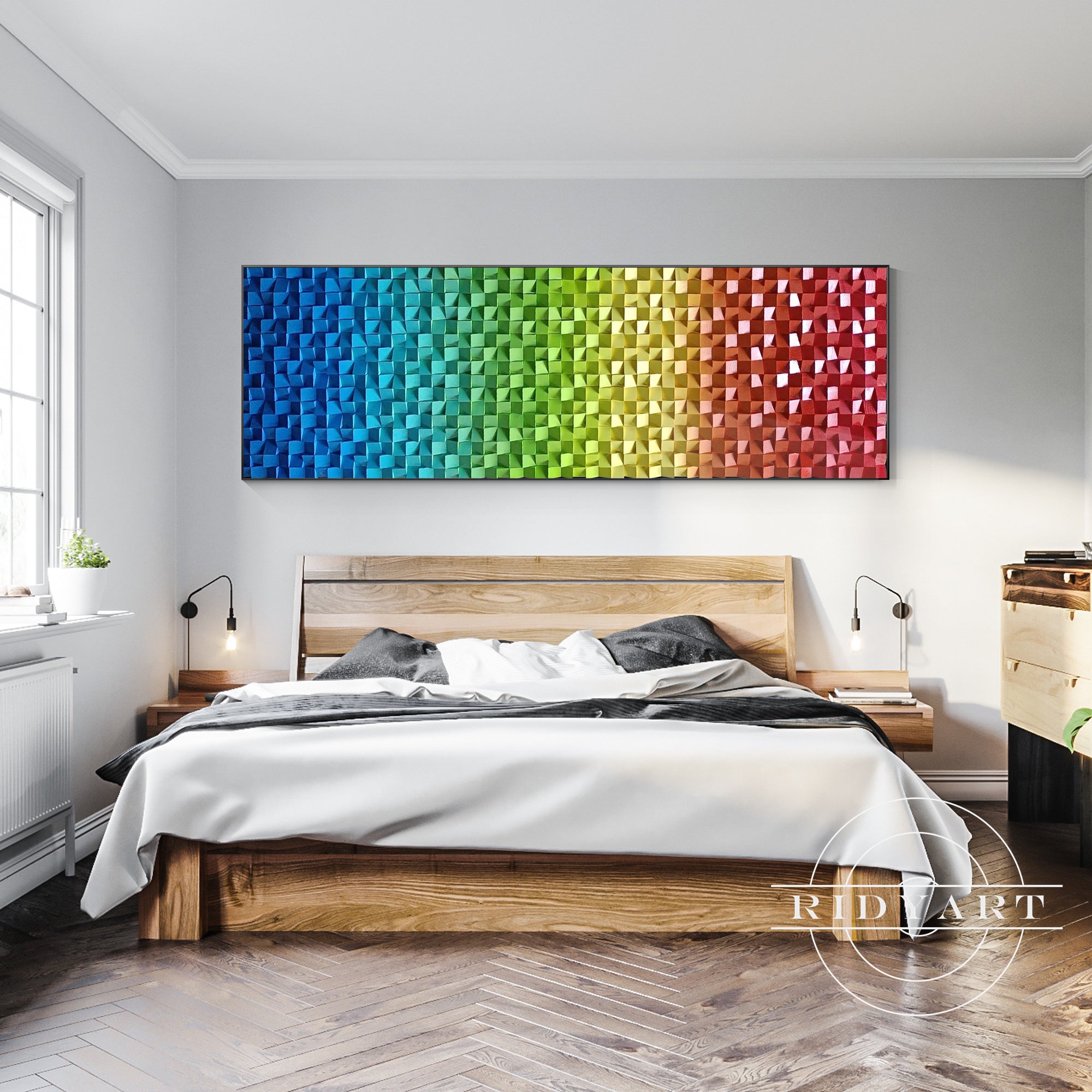 Colorful geometric wood wall sculpture for contemporary decor