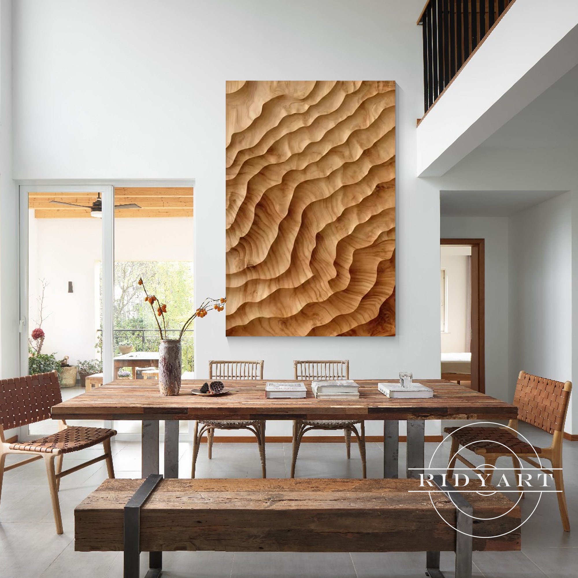 Brown wood abstract carving wall art for office or home