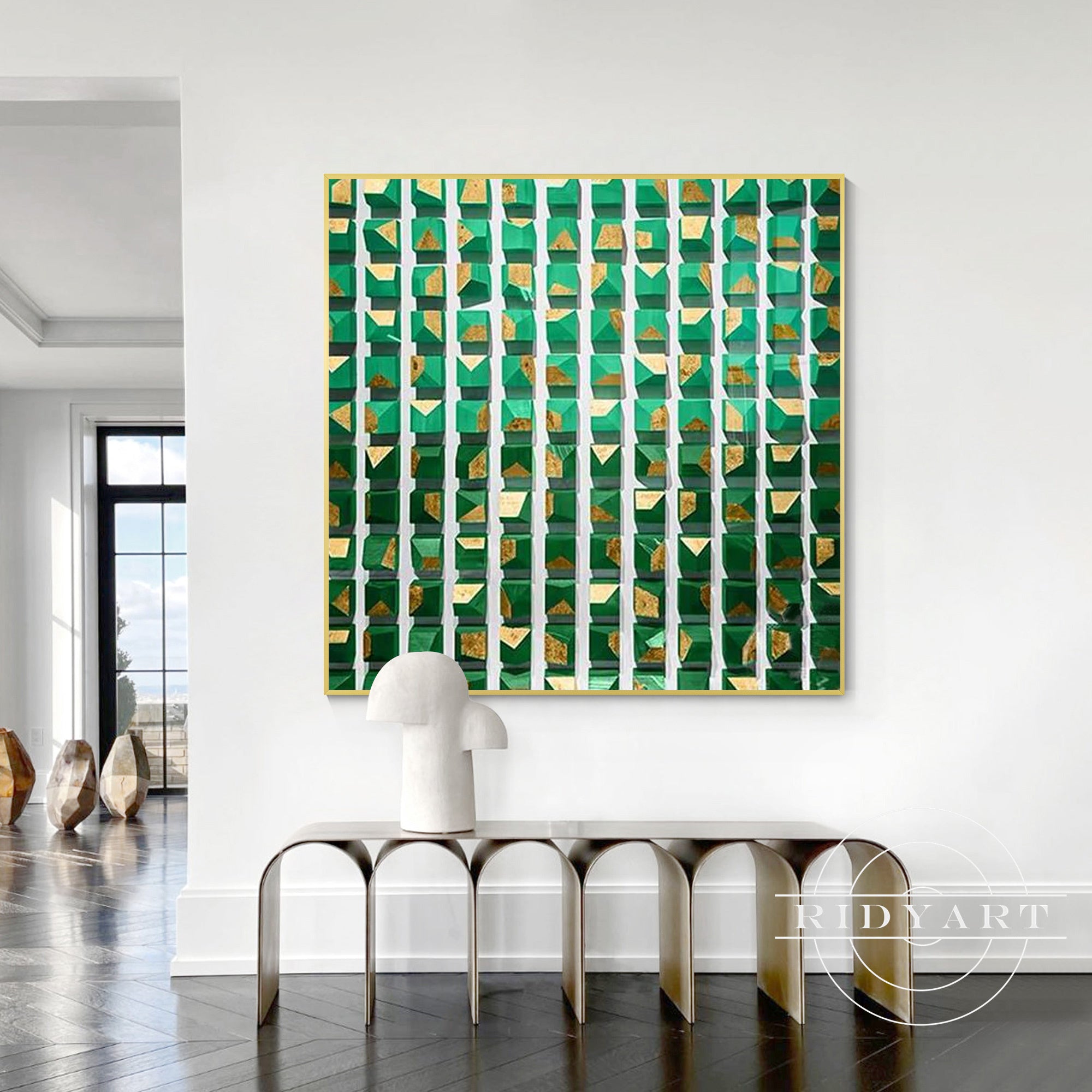 Original green gold wooden painting rustic contemporary style