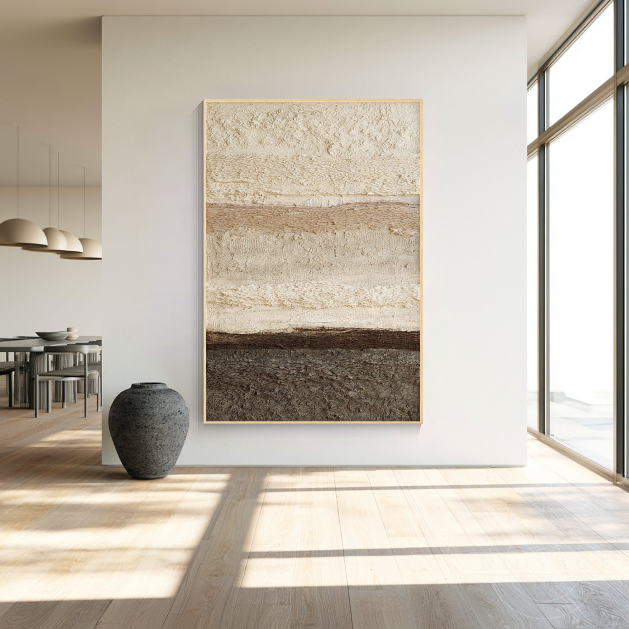 Earthy tone abstract wall decor displayed as a focal statement piece in a modern minimalist home.