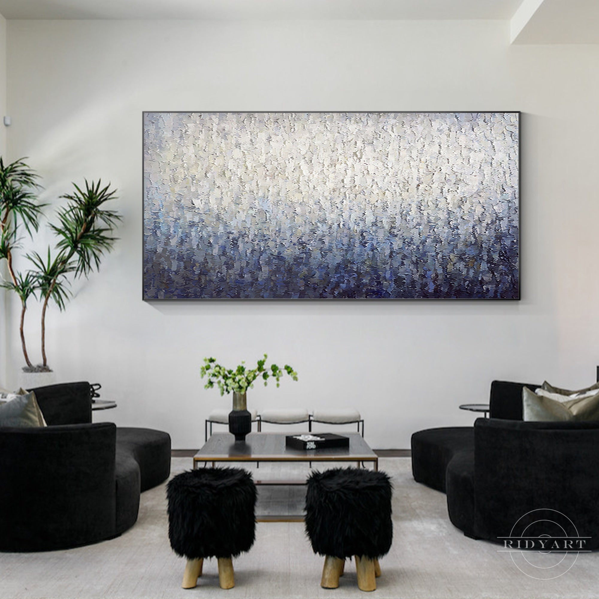 Extra large horizontal wall art in navy blue and white