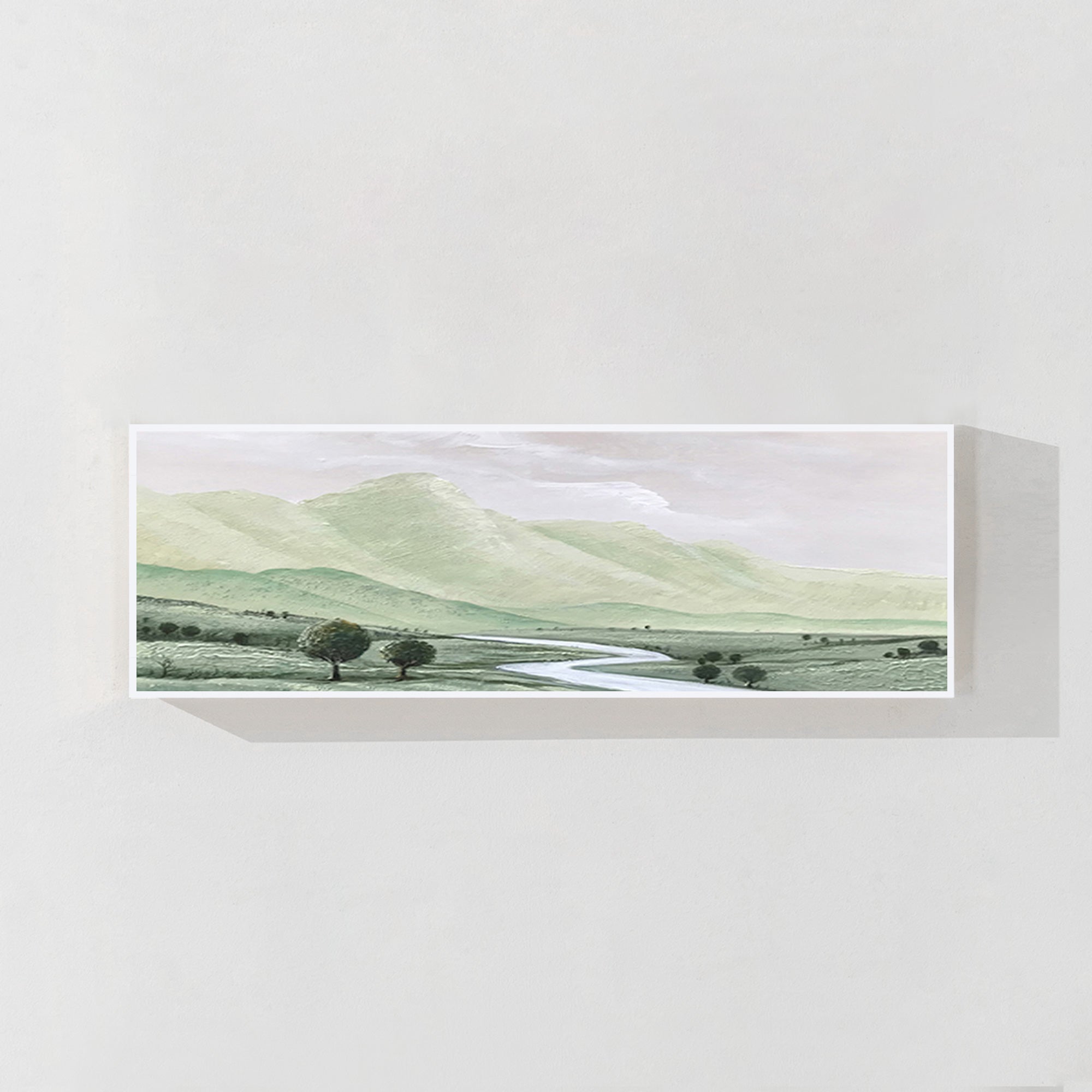 Long landscape wall art with minimalist mountain shapes