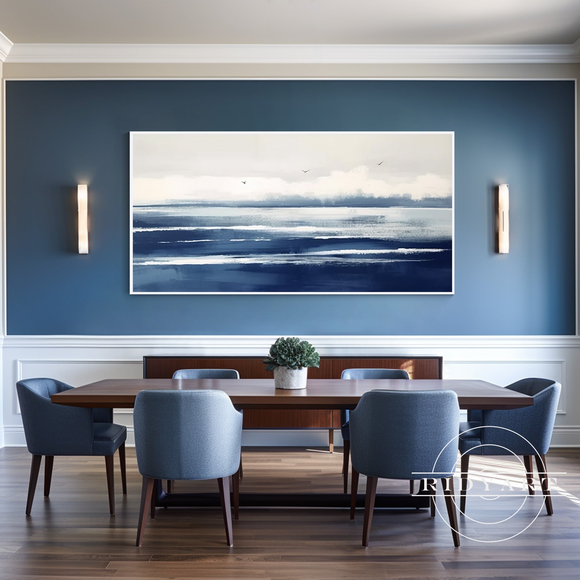 Horizontal beach landscape painting with soft blue tones