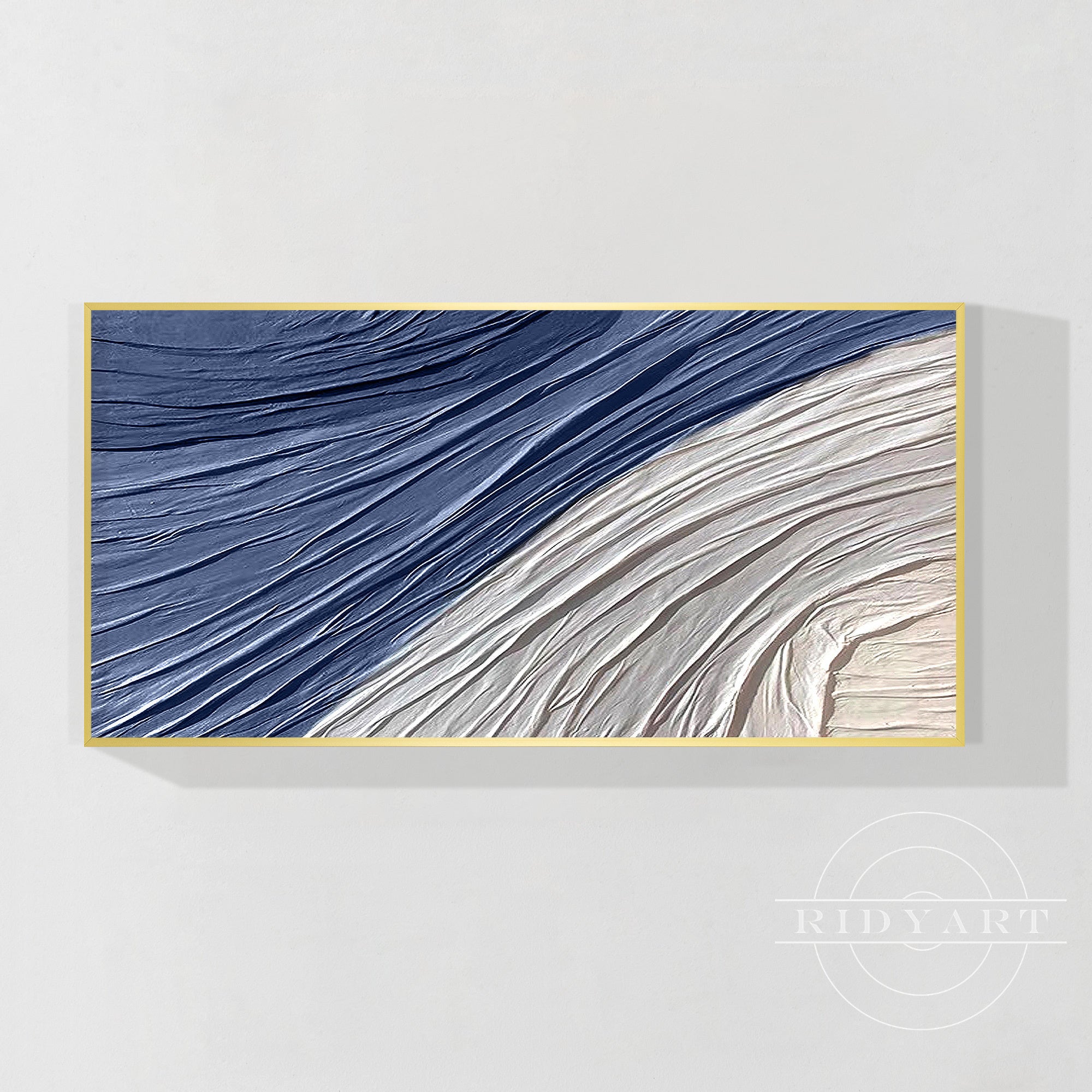Abstract horizontal blue wall art with sculptural texture