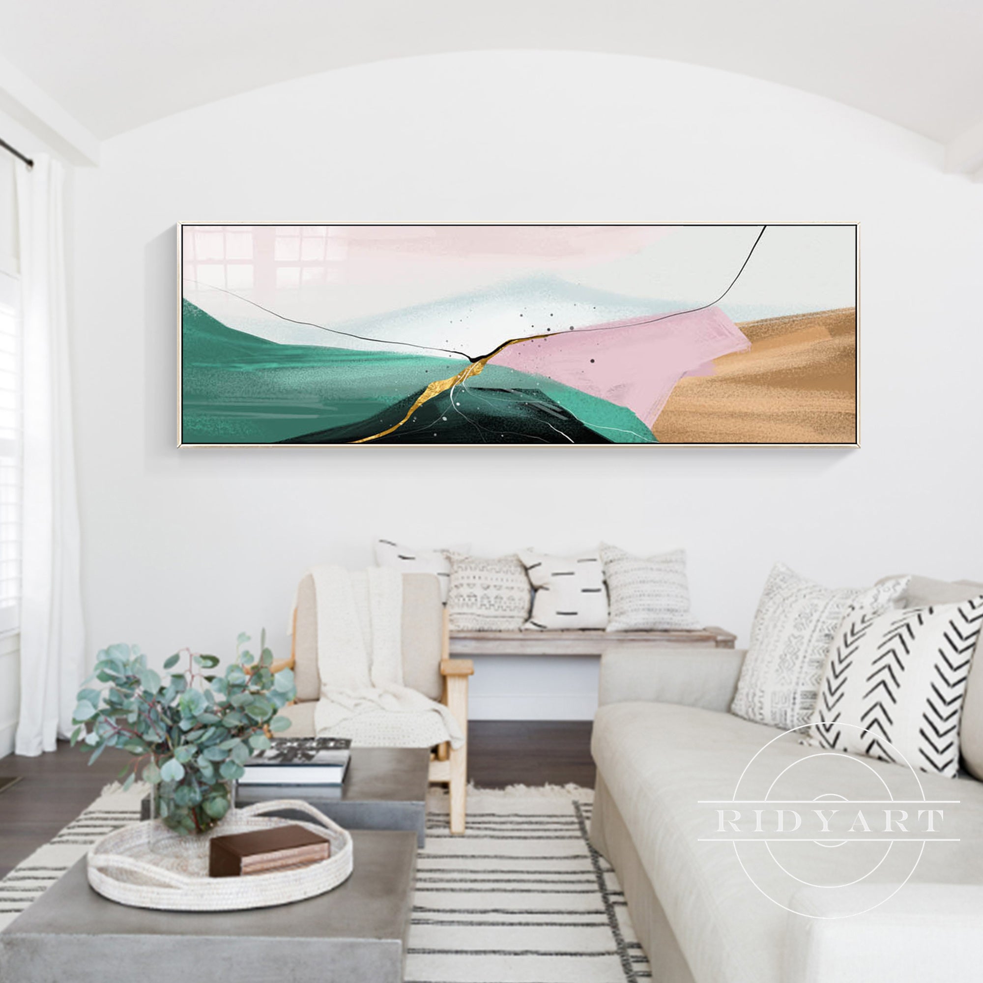 Horizontal abstract landscape wall art in earthy tones.