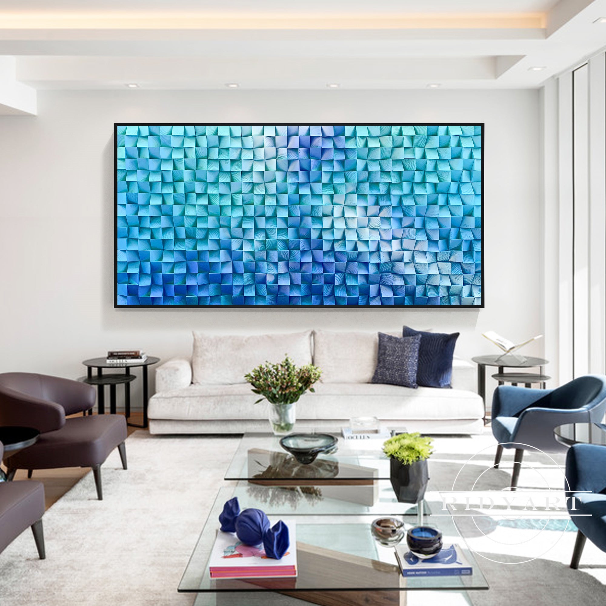 Extra large ocean-inspired abstract wood cube painting
