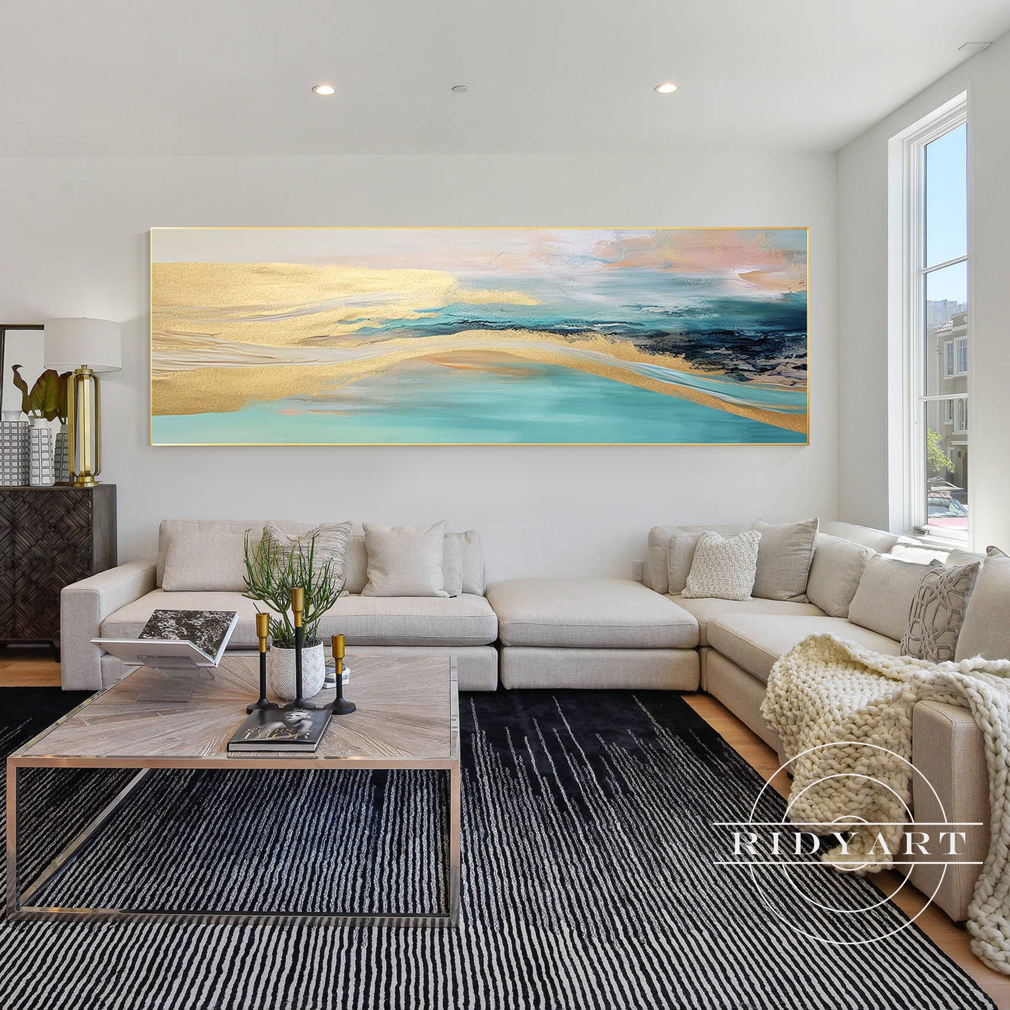 Horizontal teal and gold abstract painting for home decor.