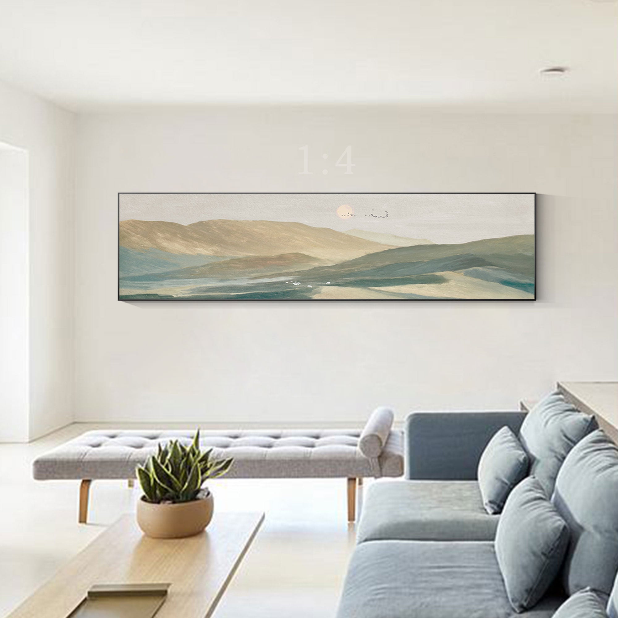 Mountain country landscape oil painting featuring a warm sunset in brown and green tones. Horizontal wall art for farmhouse or rustic living room decor.