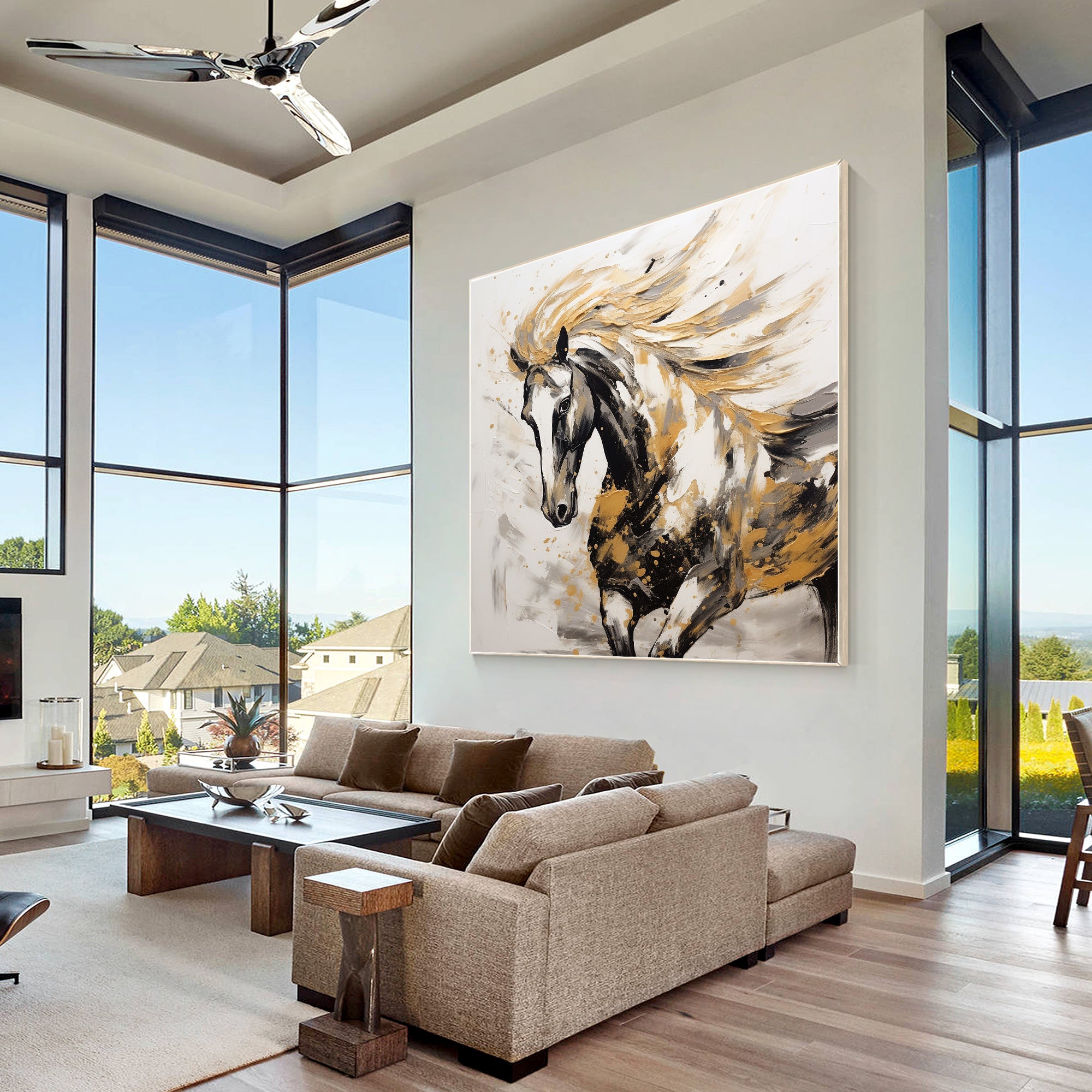 Black and gold running horse painting on canvas with metallic accents.
