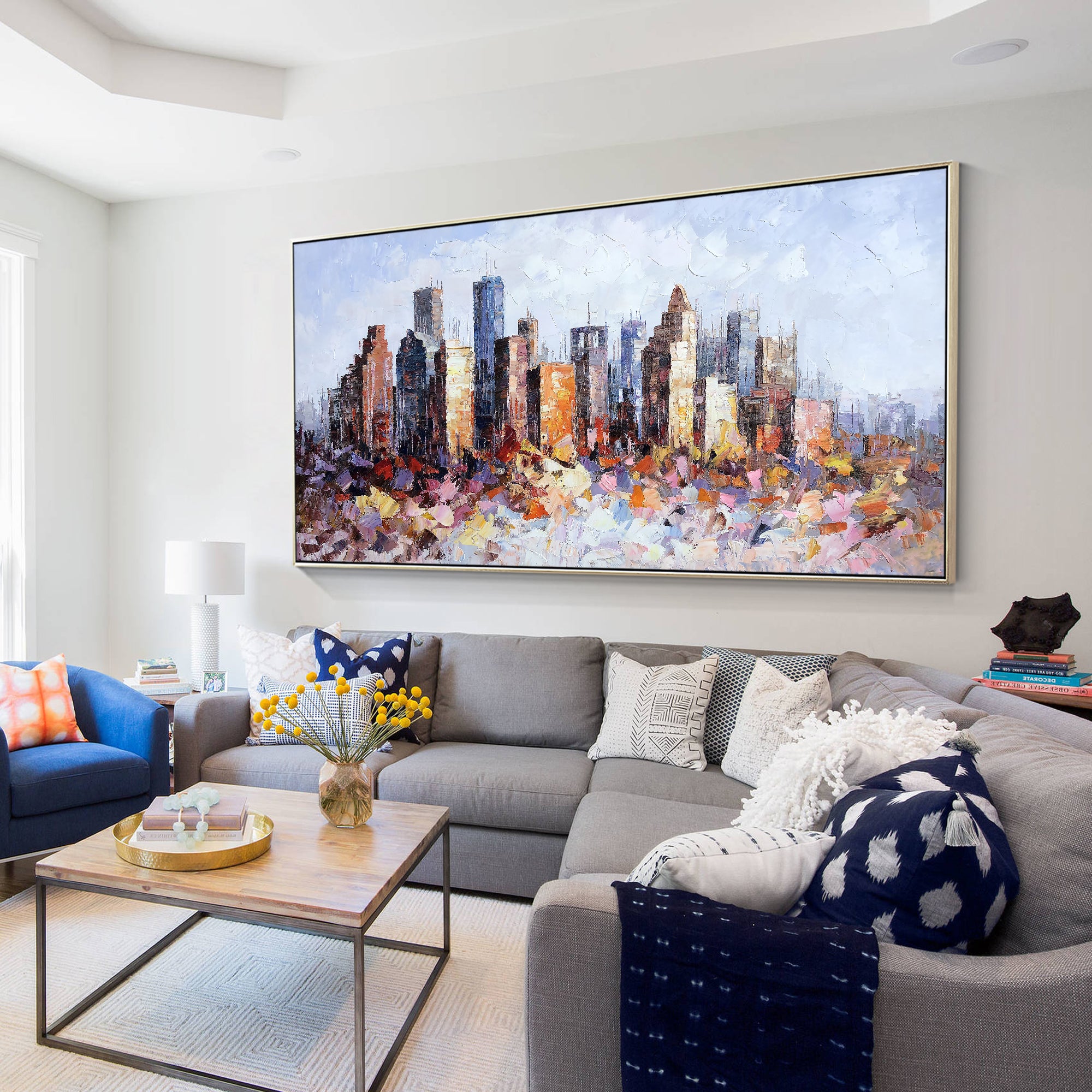 Abstract Houston cityscape skyline oil painting with textures.