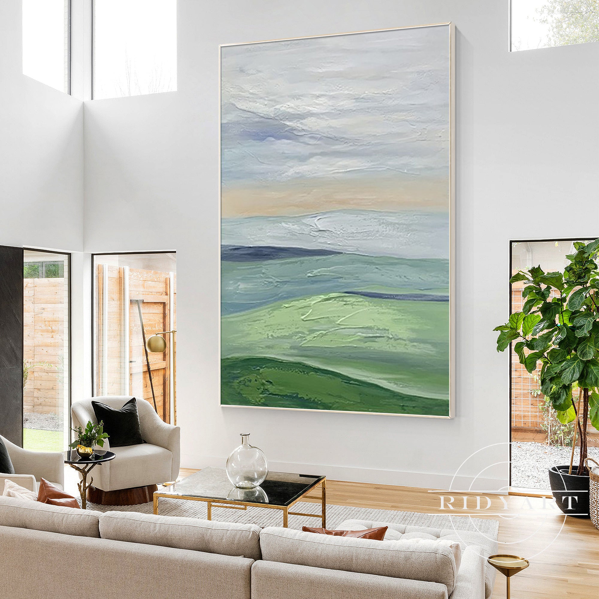 Huge abstract landscape painting in blue and green for wall