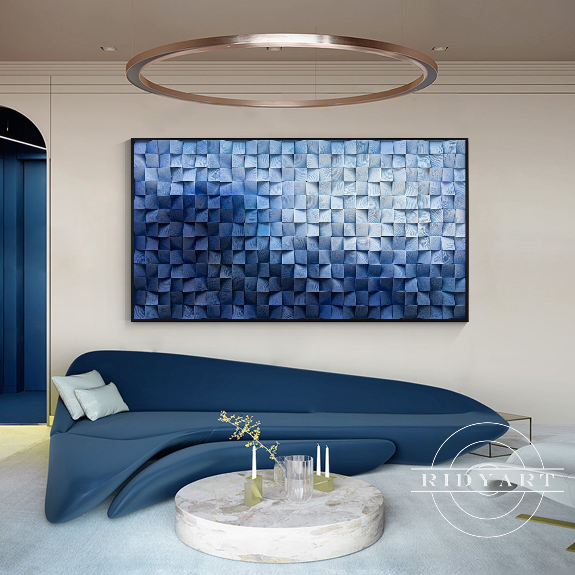 Navy blue wooden wall sculpture with coastal vibes
