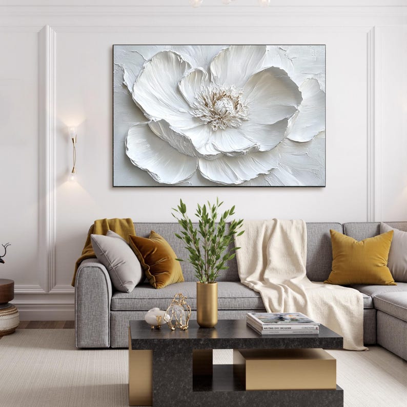 Large minimalist floral painting with textured strokes