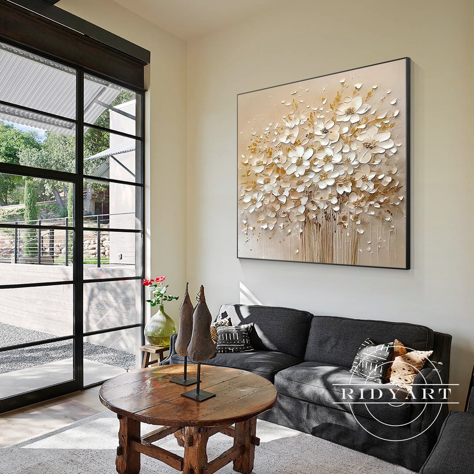 Contemporary framed cream beige flower wall decor