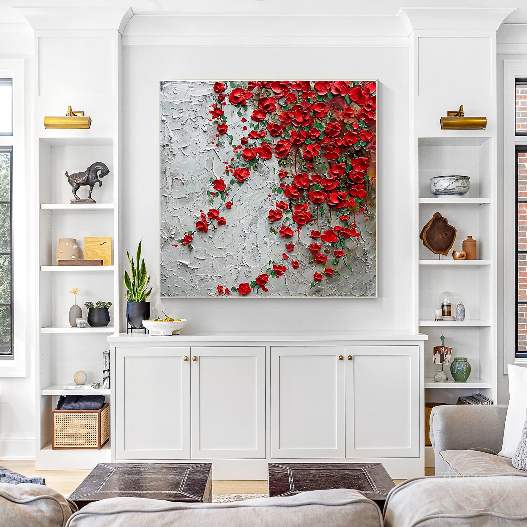 Red wildflowers 3D textured painting on canvas.