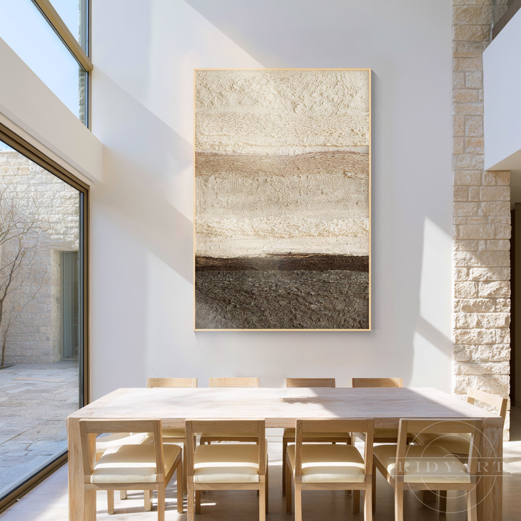 Hand painted abstract painting in ivory, taupe and deep gray brown with layered heavy texture